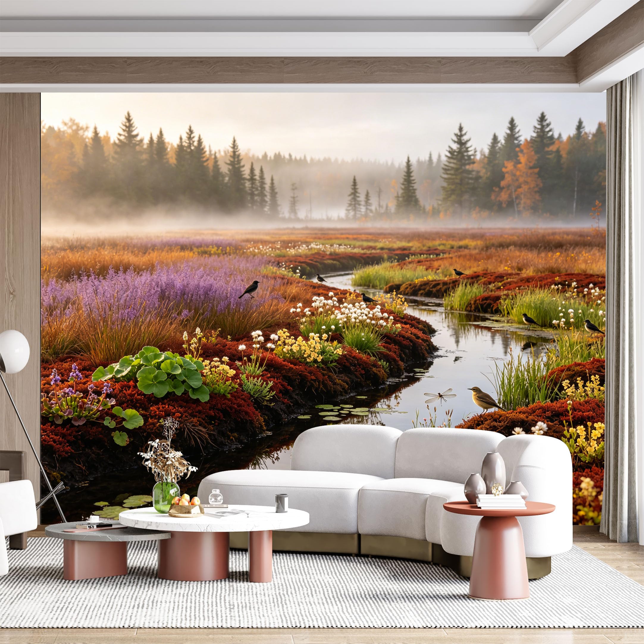 Custom Size Wall Mural Autumn Landscape Misty Forest River Birds Floral Nature Scene SelfAdhesive Wall Fabric Removable for Home Office Decor