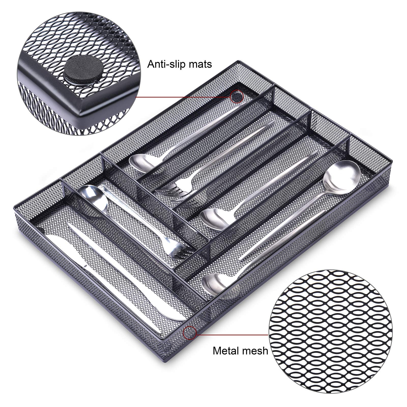 WuGeShop Plateau de rangement à 6 compartiments en maille métallique pour couverts de cuisine, organiseur de tiroir d'argenterie et plateau à couverts avec tapis antidérapant (noir)