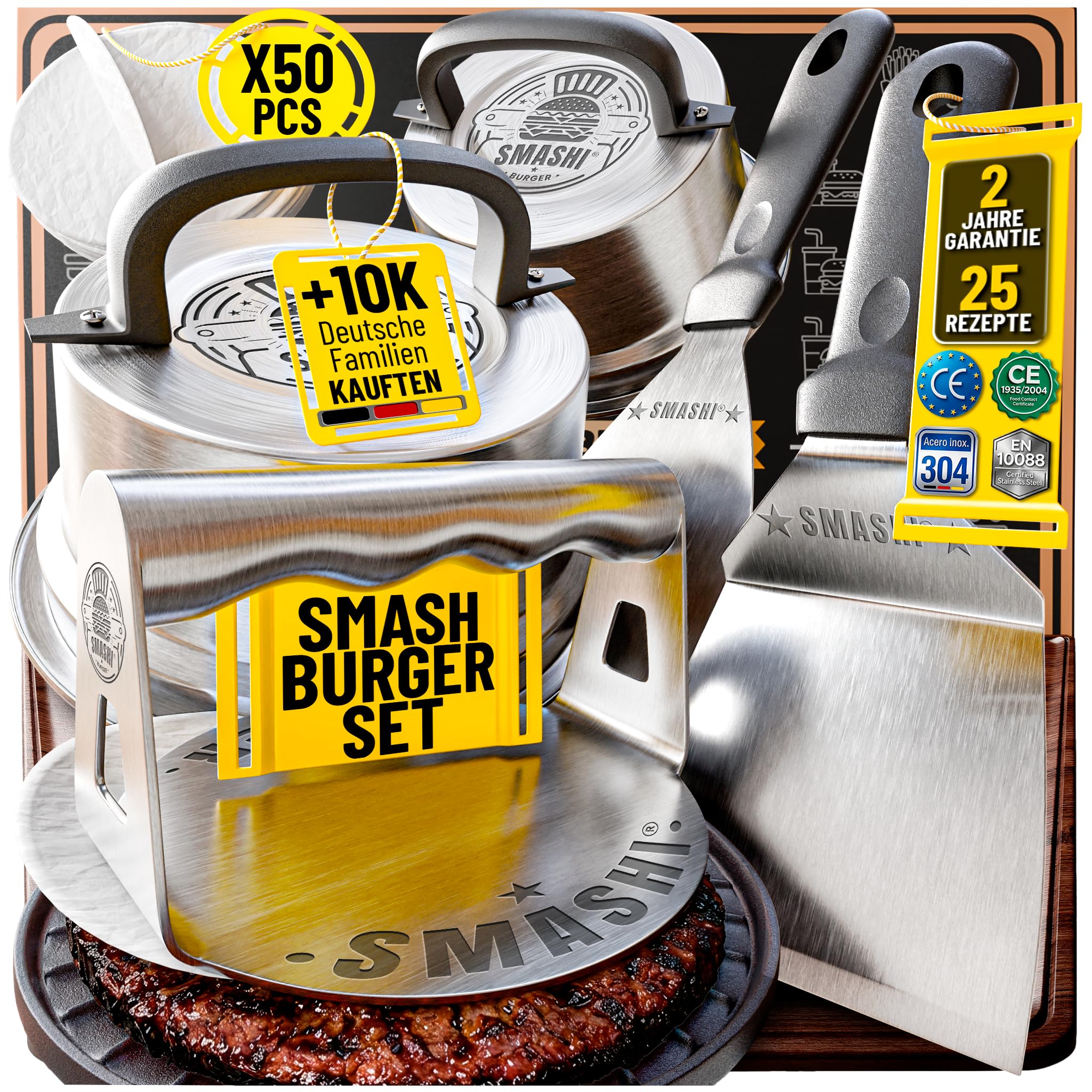 SMASHI® Smash Burger Set mit 2 Burgerglocken & Burgerpresse aus Edelstahl 304 – Burgerpresse Set mit Grillspachtel & 50 Antihaftpapieren – Burger Grill Set mit Rezepten – Das Original