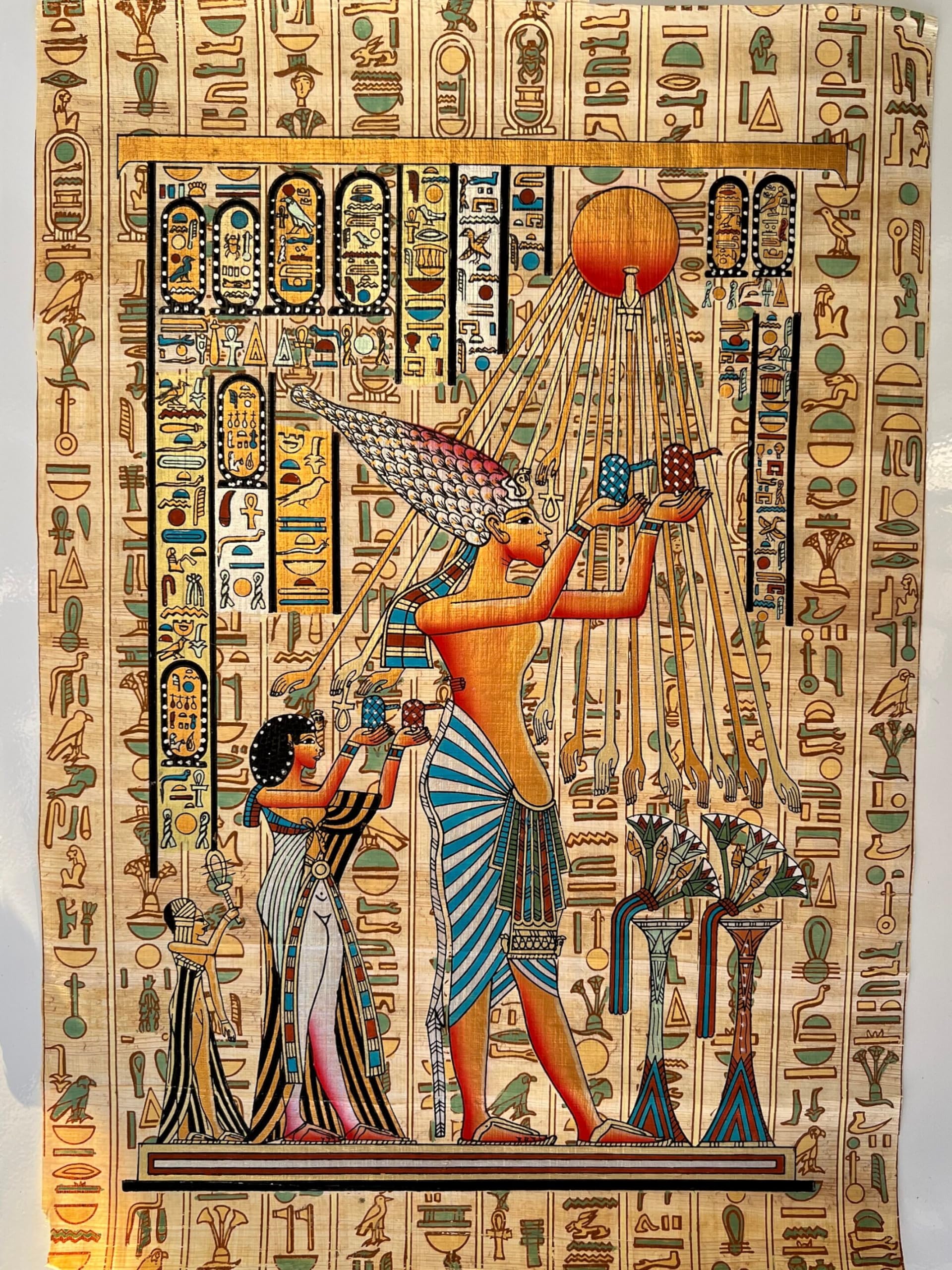 Ancient Egyptian PaintingsEgypt King Akhenaten with His Wife Nefertiti and Their Daughters Bearing Offerings to The Sun–Disk Aten – Handmade Papyrus Leaves – Unframed – Frameable – 13x17 inches