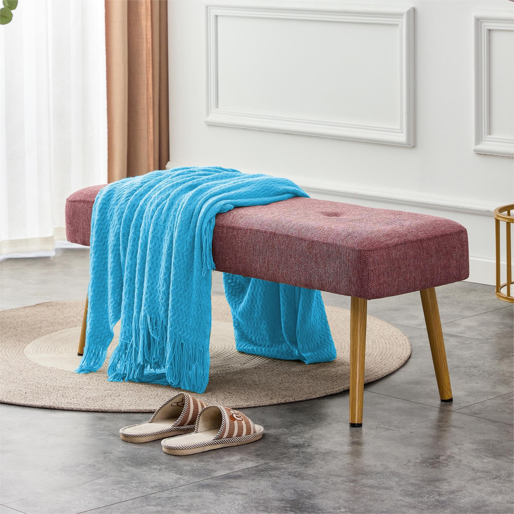 PIETFIU 44.6" Linen Fabric End of Bed Bench Seat,Modern Upholstered Entryway Shoe Bench with Metal Legs for Bedroom,Foot of Bed,Entry,Living Room,Indoor (Pink)