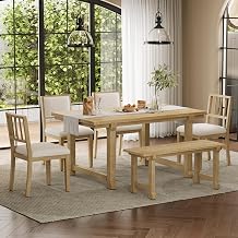 VilroCaz 6-Piece Farmhouse Dining Set for 6, Kitchen& Dining Room Table Sets with Solid Wood Legs and Frame, Ergonomic Dual-Style Upholstered Chairs, Bench for Kitchen & Dining Room Natural-Dual