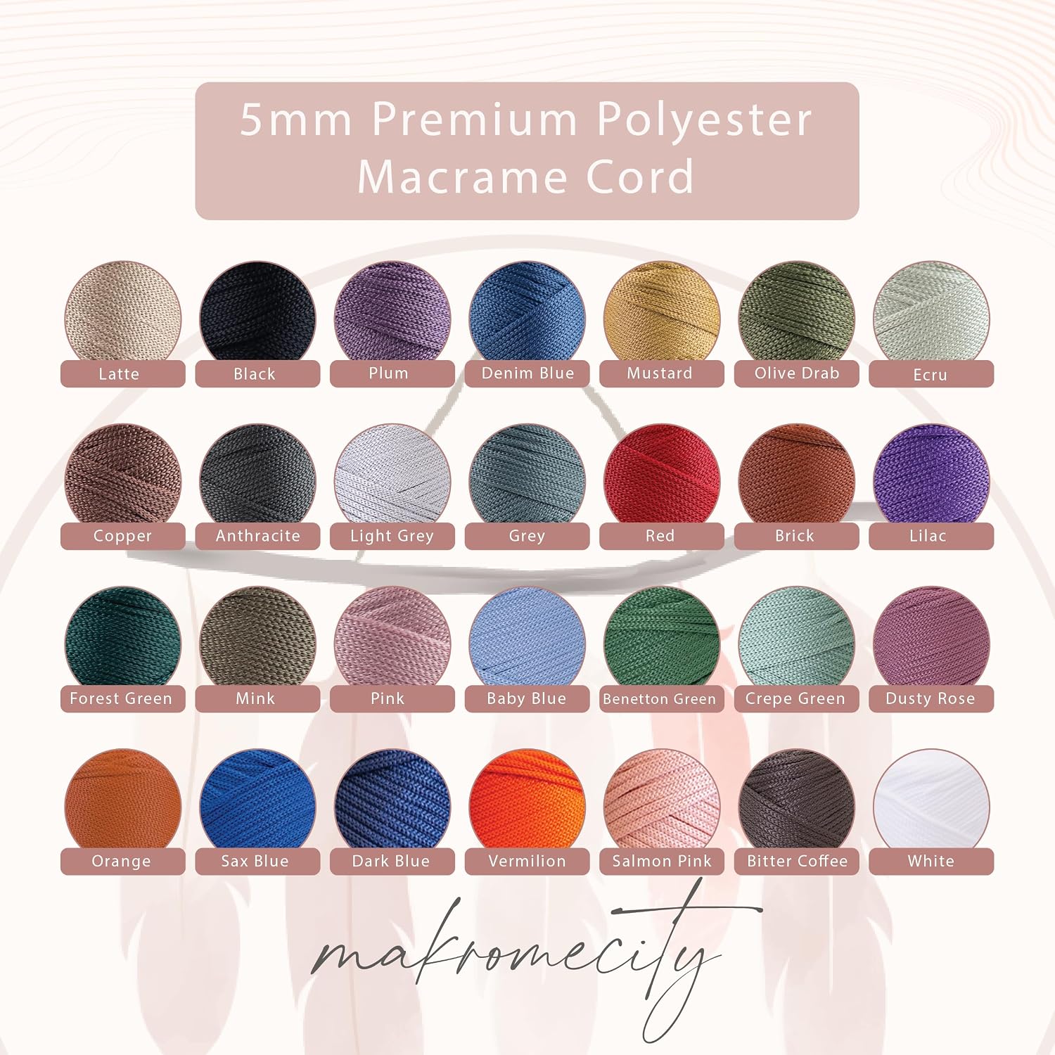 Makromecity, Premium Polyester Macrame Cord 5mm x 104 Yards (311 feet) 5mm Polypropylene Macrame Cord Crochet Macrame Bag Cord Crafts for Wall Hangings, Bags, Underplate, Rug (Dusty Rose)
