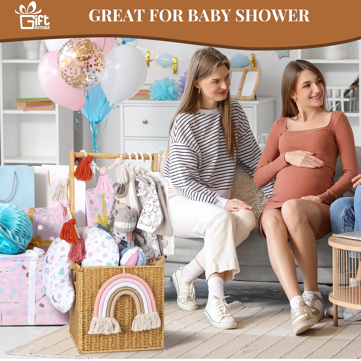 Baby Shower Crate Closet, Large Hand-Woven Rattan Storage Crates with Handle, Baby Shower Gifts, Baby Welcome Box Nursery Basket for Newborn Boys Girls, Pregnancy Gifts for New Parents