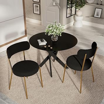 Modern 3-Piece Round Dining Table Set,Circle Black MDF Table & 2 Black Gold Boucle Dining Chairs, Metal Frame Kitchen Furniture for Small Spaces36-Inch