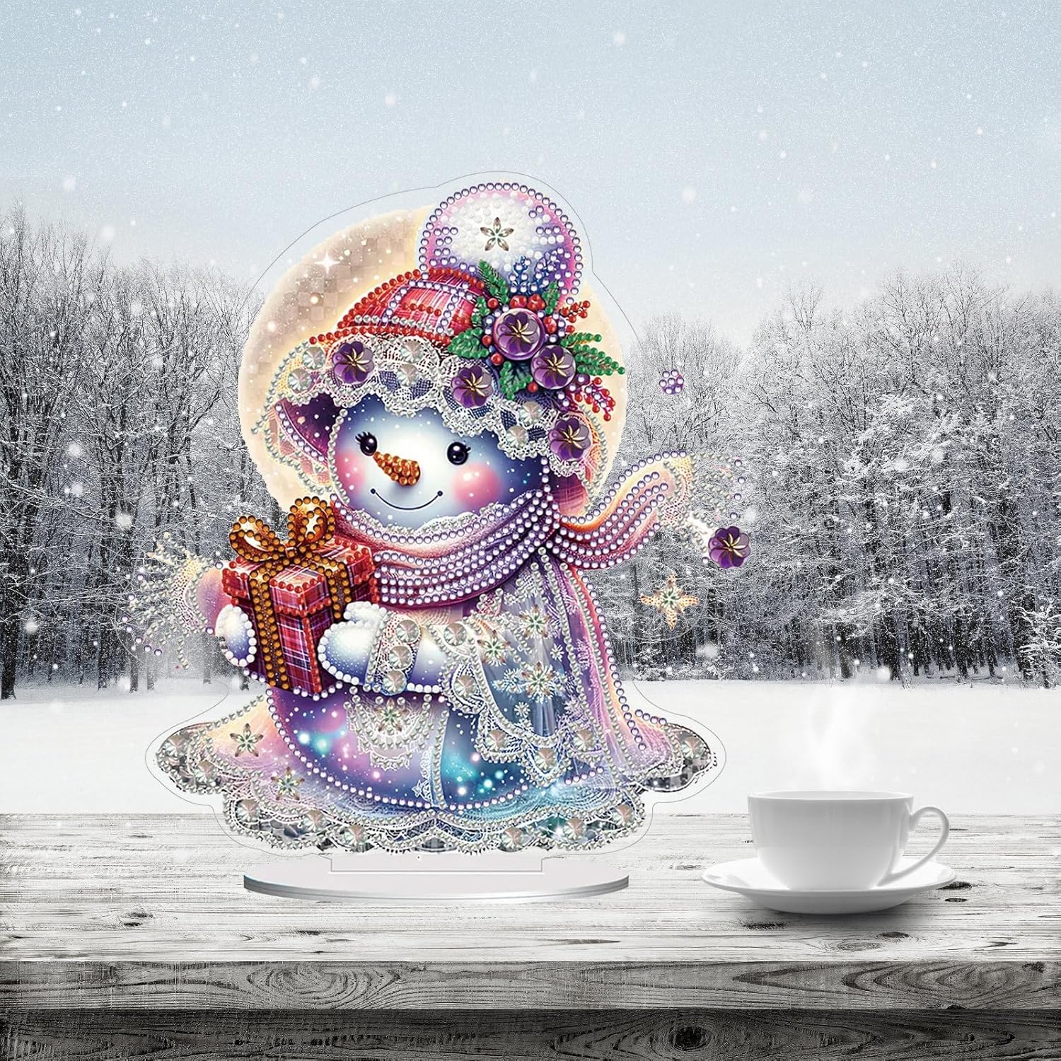 ARTopet 4Pcs DIY Diamond Desktop Ornament Winter Snowman Acrylic Special Shaped Crystal Diamond Art Painting Tabletop Ornaments Single Sided Diamond for Home Decor
