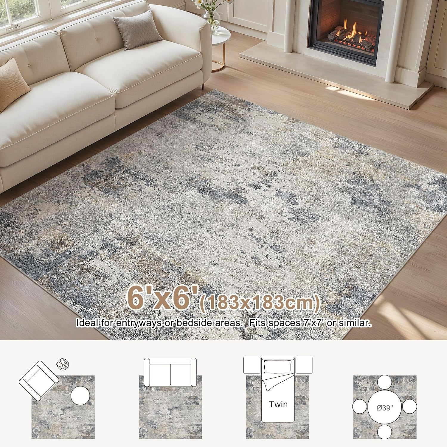 Condition photo showing New/Like New for uermei square area rugs : washable 6x6 neutral modern abstract carpet for living room bedroom - soft floor mat with non slip backing for kitchen nursery dorms farmhouse home decor - blue grey blue grey 6' x 6' (square)