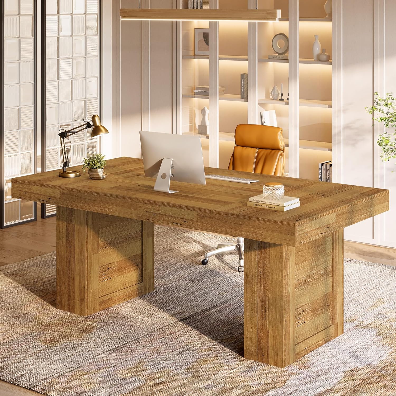 Tribesigns 63" Farmhouse Executive Desk, Large Wooden Computer Desk with Heavy Duty Legs, Rustic Home Office Writing Table,Rectangle Conference Table Business Workstation for Working,Meeting,Light Oak