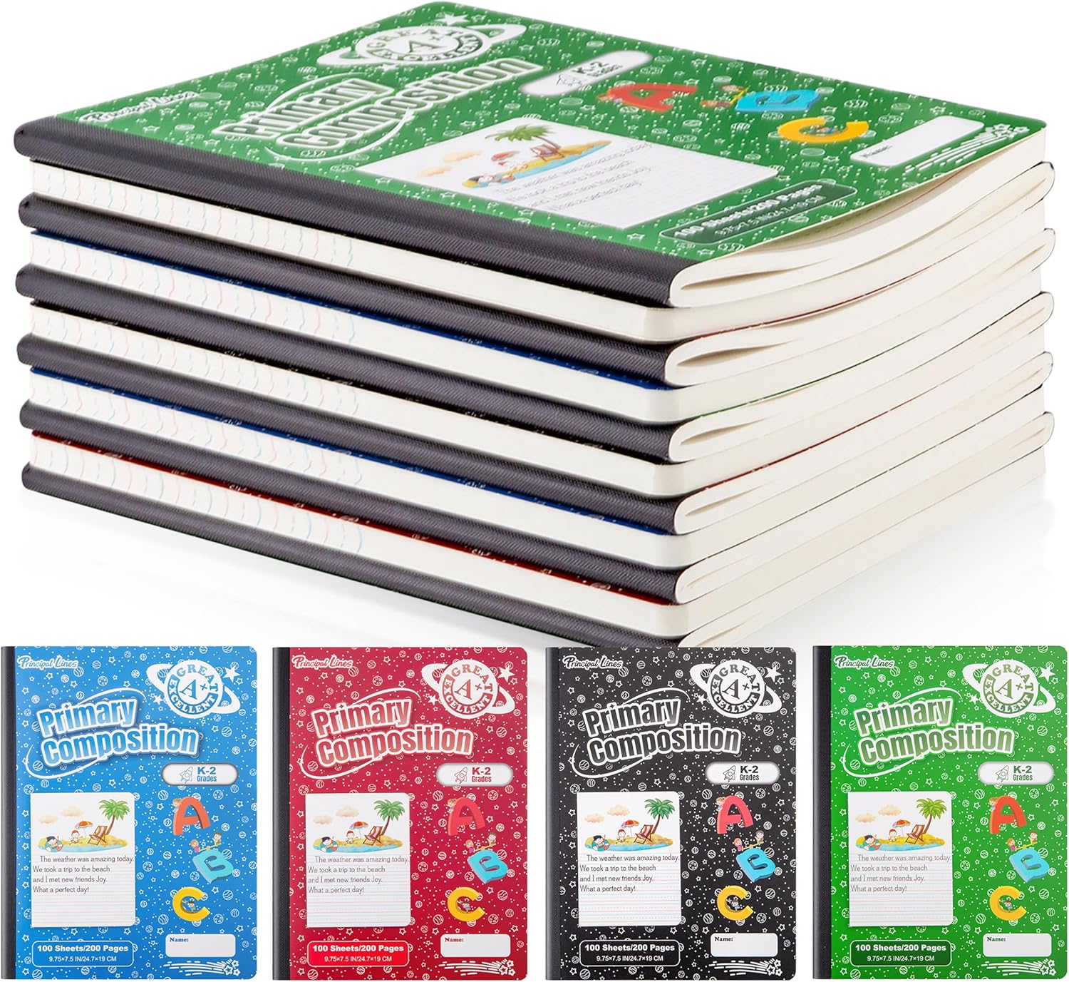 12 Pack Primary Composition Notebook Half Page Ruled - Primary Journal Grades K-2 for Kids - Home School Supplies for Students, 9.75"x 7.5", 200 Pages