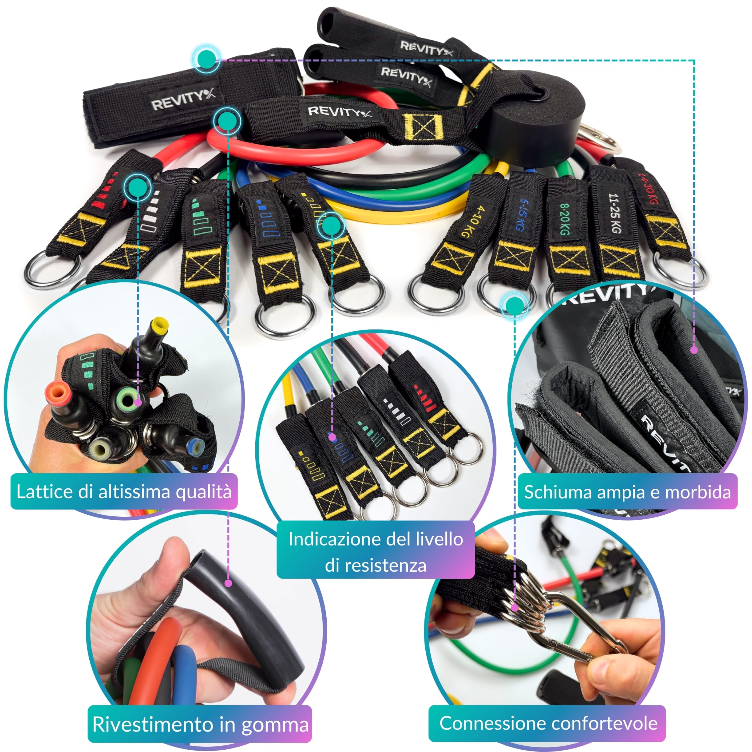 Kit 5 Elastici Fitness - Bande Elastiche Fitness con Maniglie per Allenamento a Casa - Piano PDF 30 Giorni - Set di Elastici per Esercizi Uomo Donna in Lattice Naturale Durevoli e Sicuri