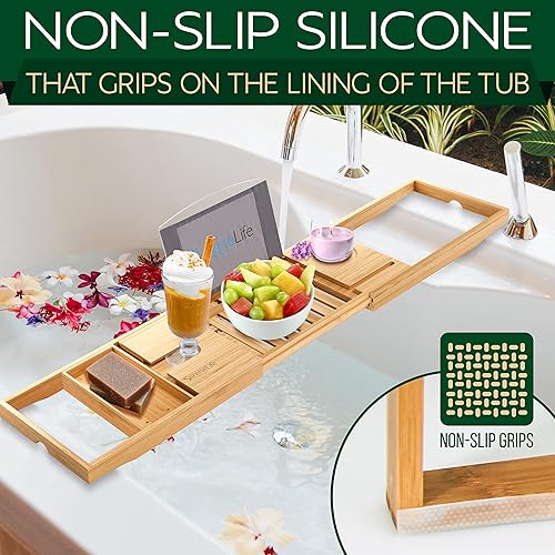 Miniatura 3 de SereneLife SLBCAD20 - Bandeja de bambú de lujo para bañera, organizador ajustable de madera natural para bañera con soporte para vino, colocación de