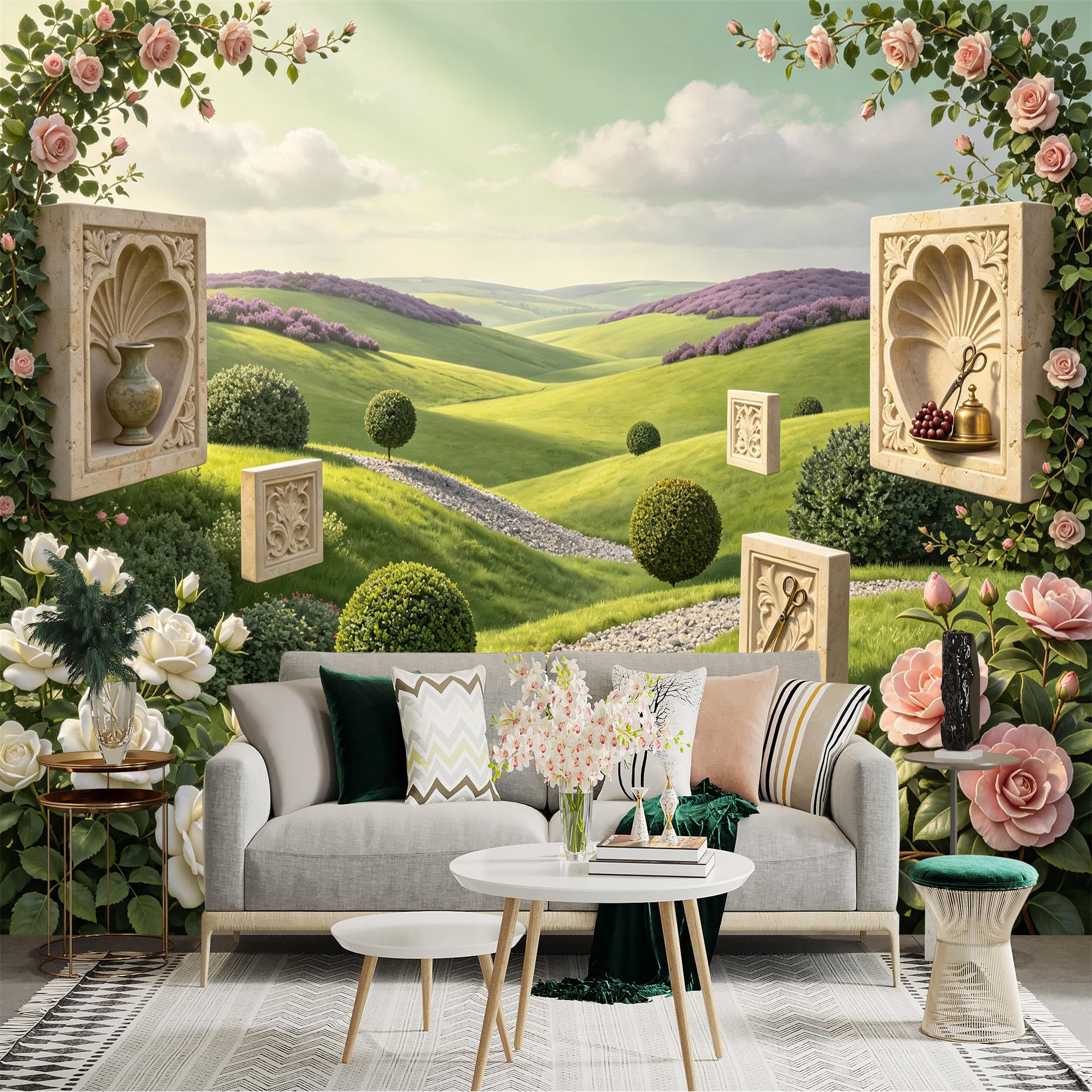 Lnzczhyre Bh260719403 Custom Size Wall Sticker Mural， Rolling Green Hills， Stone Garden Ornaments， Pink Rose Trellis， Scenic Landscape View， For Wall Decoration， Peelandstick Wall Decals.