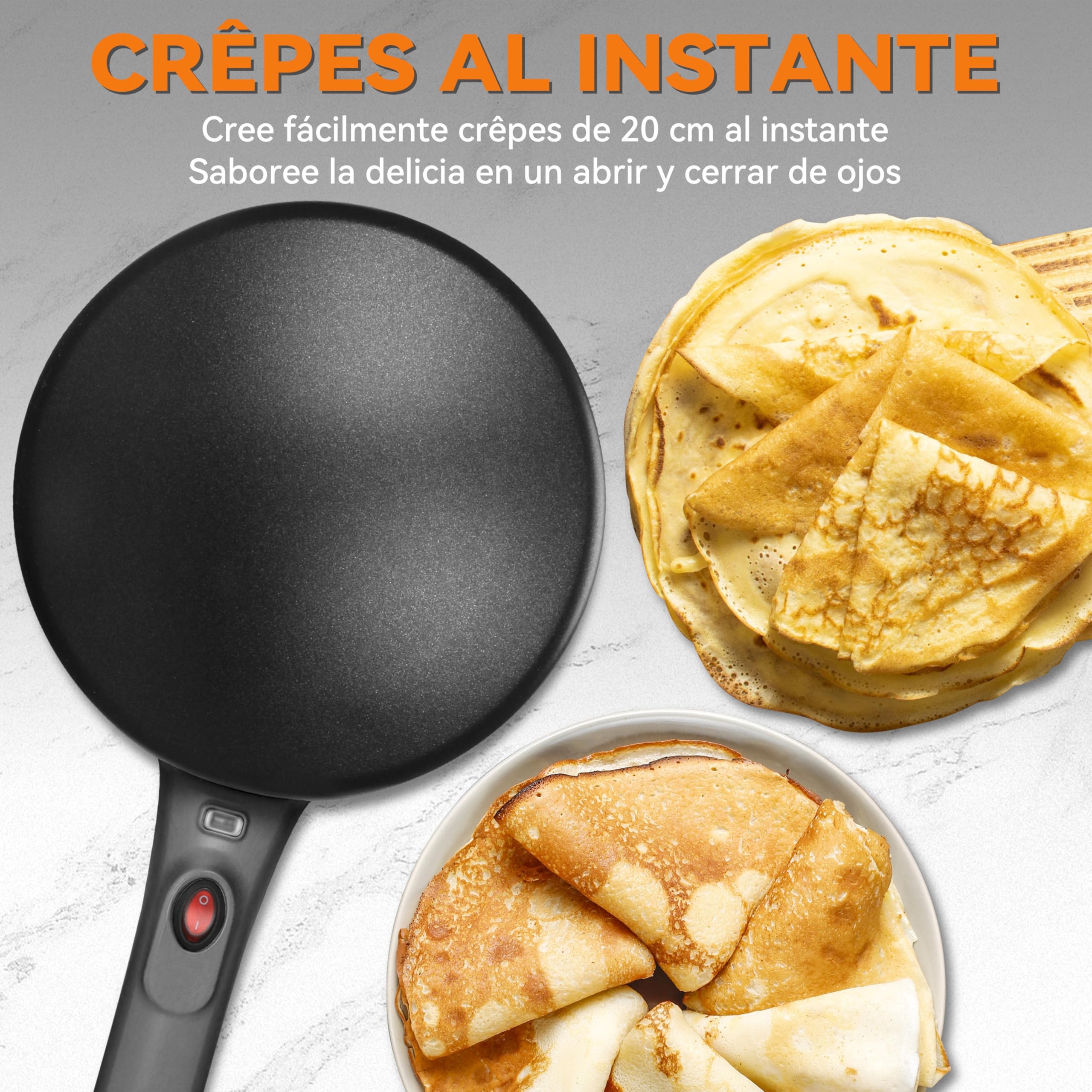 Baker's Friend Máquina Instantánea para Hacer Crepes, Sartén para Crepes con Mango a Prueba de Quemaduras, Superficie de Cocción Antiadherente de 20 cm, Control Automático de Temperatura, Grafito