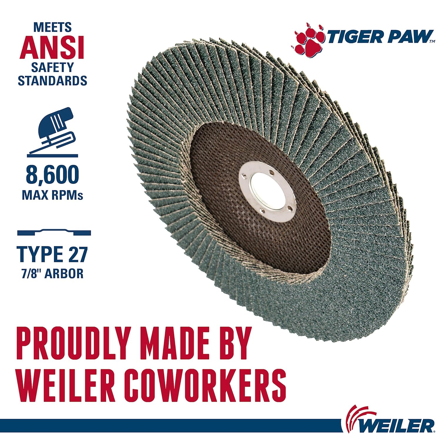 Weiler 51137 7" Tiger Paw Abrasive Flap Disc, Flat (Ty27), Phenolic Backing, 40Z, 7/8" Arbor Hole (Pack of 10)