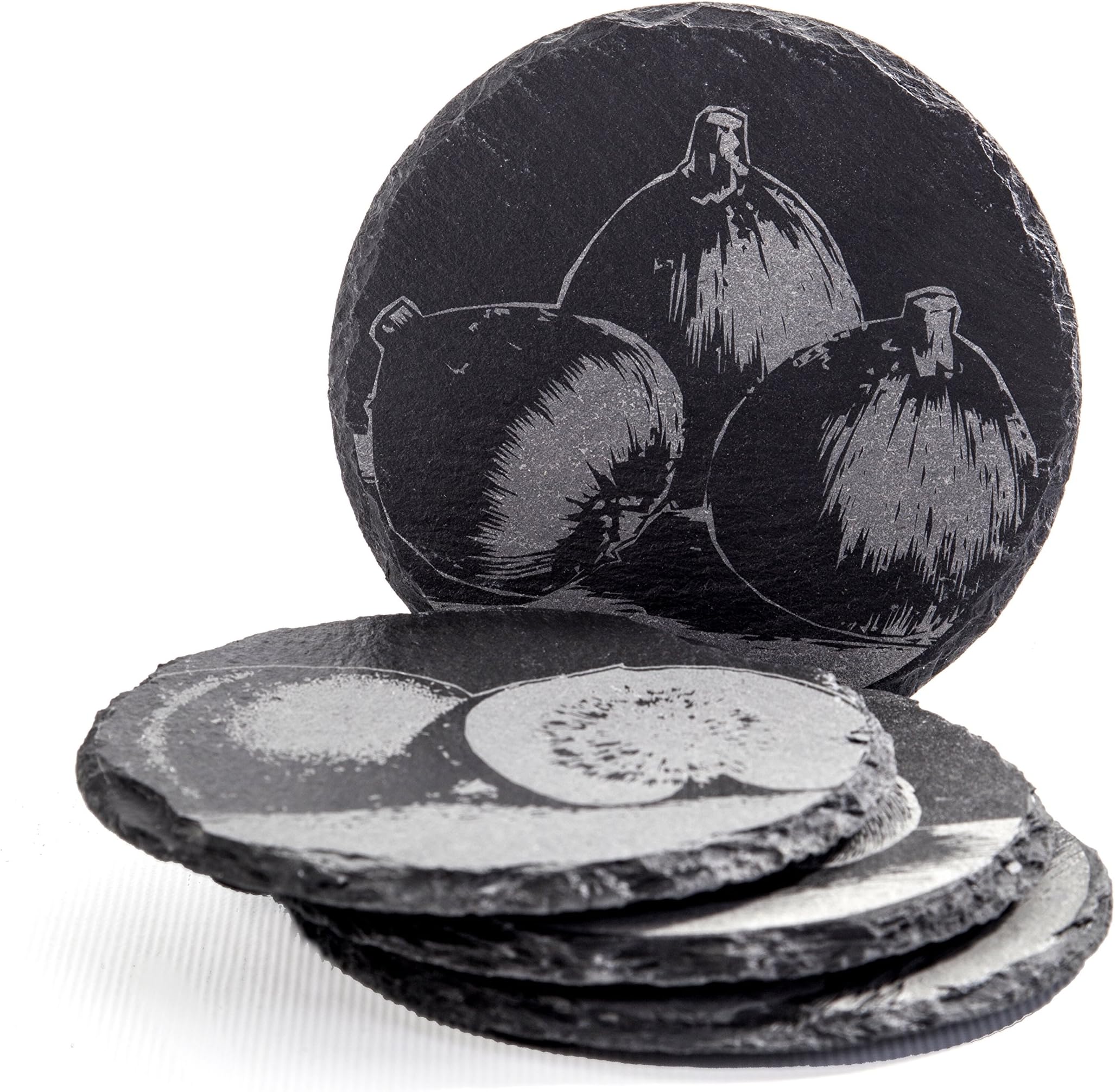 BIA Cordon Bleu Savoir Faire 4-Inch Round Slate Coasters, Set of 4, Assorted Designs, Gift Boxed (550015S1SIOC)