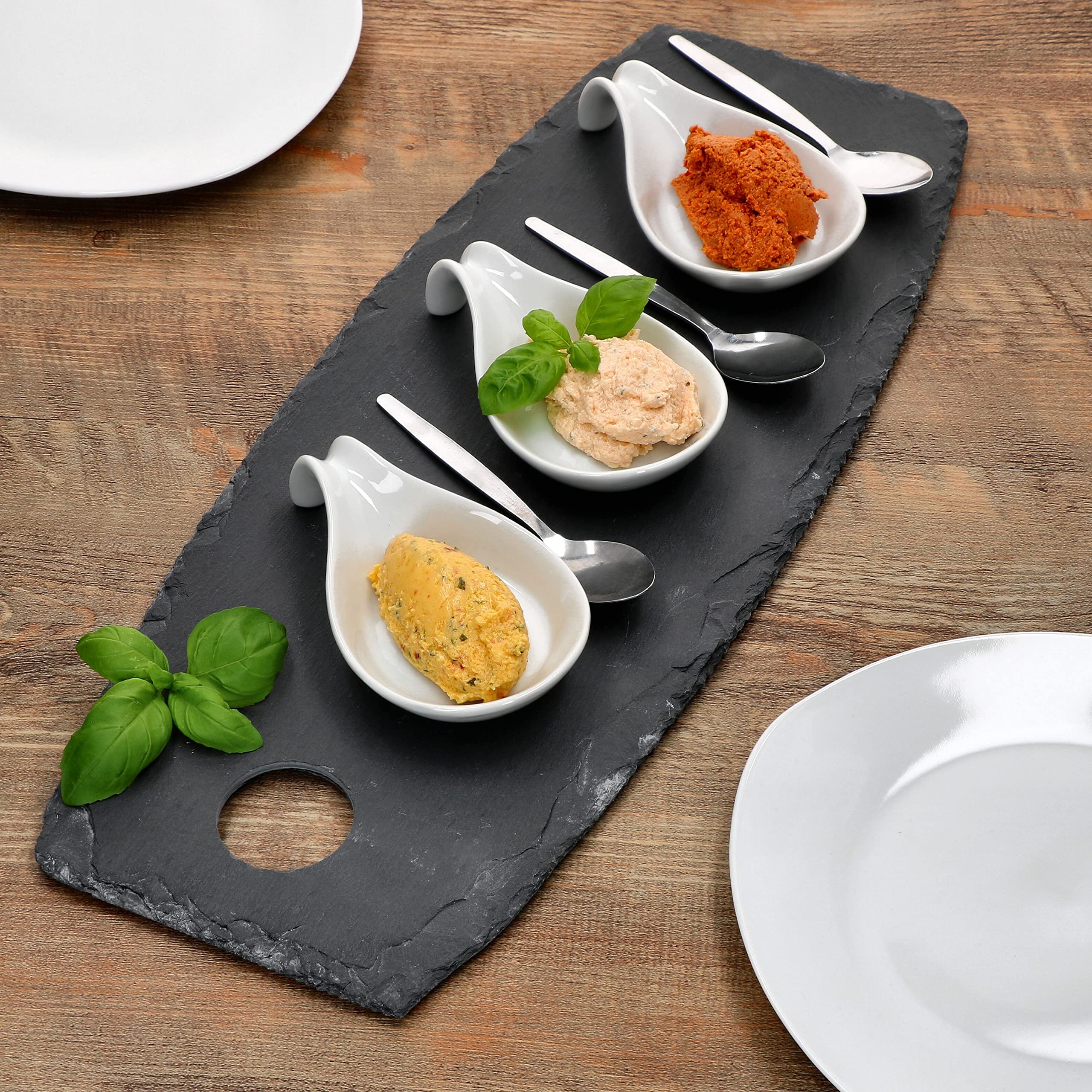 Ritzenhoff & Breker 2er Set Schieferplatte 18x45cm längliche Servierplatten Schwarz mit Griff-Öffnung Teller für Antipasti Käse Wurst Sushi Vorspeisen Untersetzer Deko-Teller rustikale Bruchkante Küche, Haushalt & Wohnen
