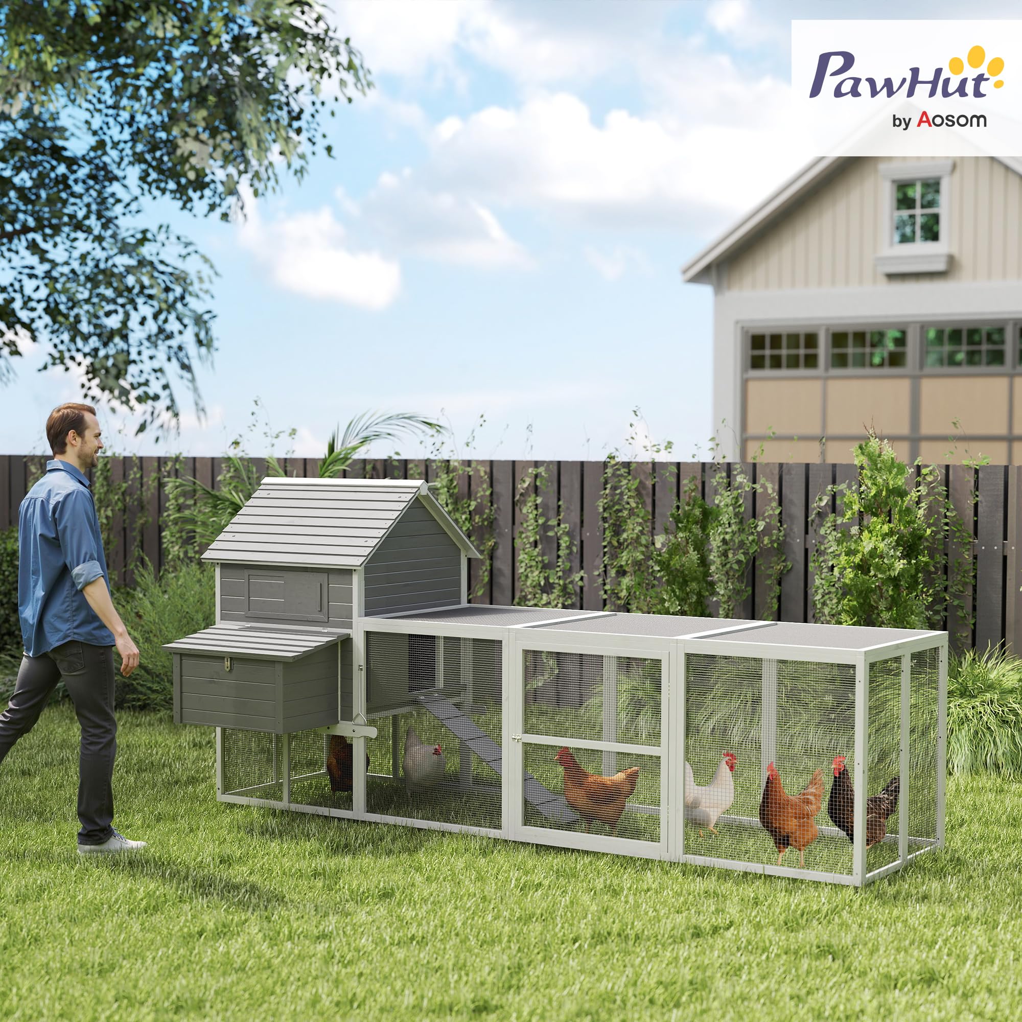 PawHut Pollaio in Legno con 2 Nidi, Pollaio per Galline Ovaiole da Esterno, Casetta per 4-6 Galline con Rampa e Area Aperta Recintata, Facile Pulizia, 310.5x149.5x149 cm, Grigio