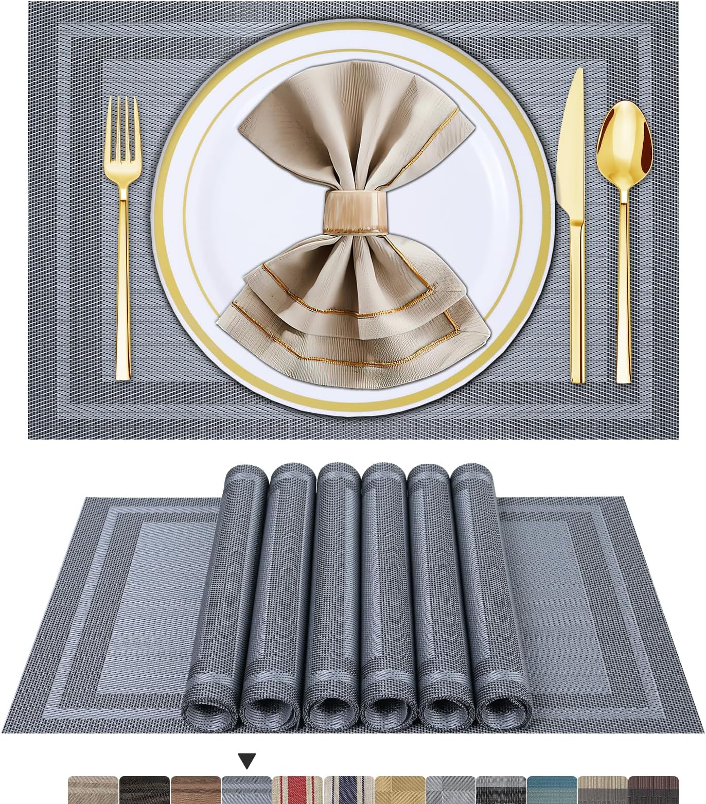 Placemats Set of 6, Woven Placemats for Dining Table, Boho Decor Plastic Table Place Mats, Vinyl Table Mats for Indoor Outdoor Silver Grey ARTAND