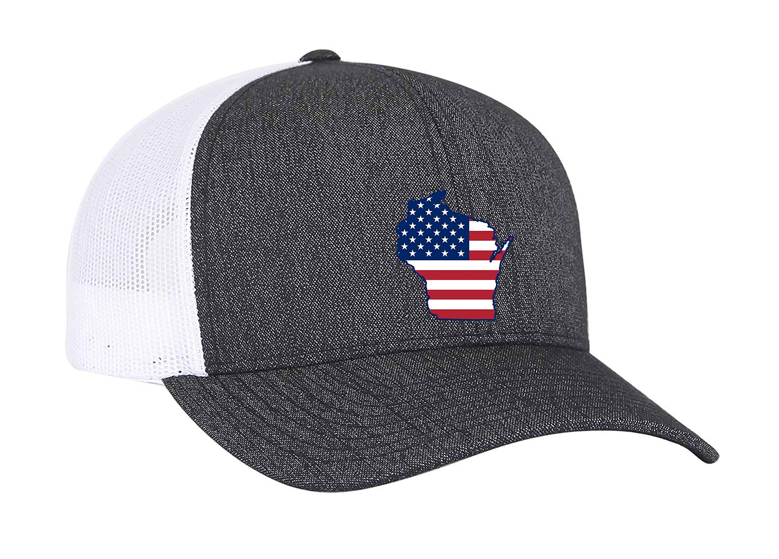 Heritage Pride Black Heather and White American Flag Embroidered State Pride Hats-Wisconsin