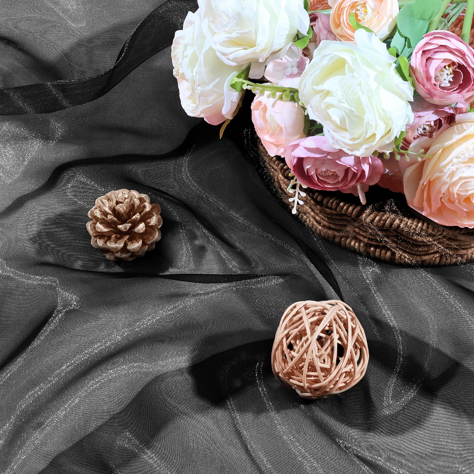 Black Organza Fabric by The Yard, 60 Inch Wide 1 Yard Silk Sheer Organza Fabric Bridal Sheer Tulle Fabrics Roll for Wedding Decorations, Bridal Dress Overlay, Party Backdrop, Curtains - 3