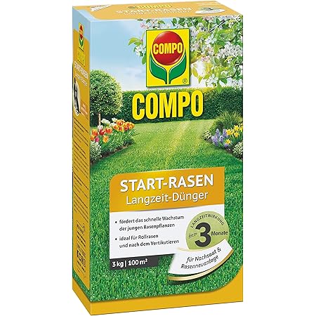 COMPO Start-Rasen Langzeit-Dünger, Für junge Rasenpflanzen und für Rollrasen nach dem Vertikutieren, 3 kg