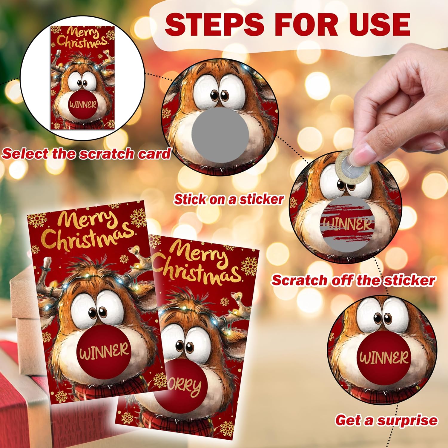40 Pcs Christmas Scratch Off Cards with Stickers, Rudolph The Red Nose Reindeer Merry Christmas Games for Family Party, Xmas Holiday Party Raffle Ticket Supplies -A02 image 3