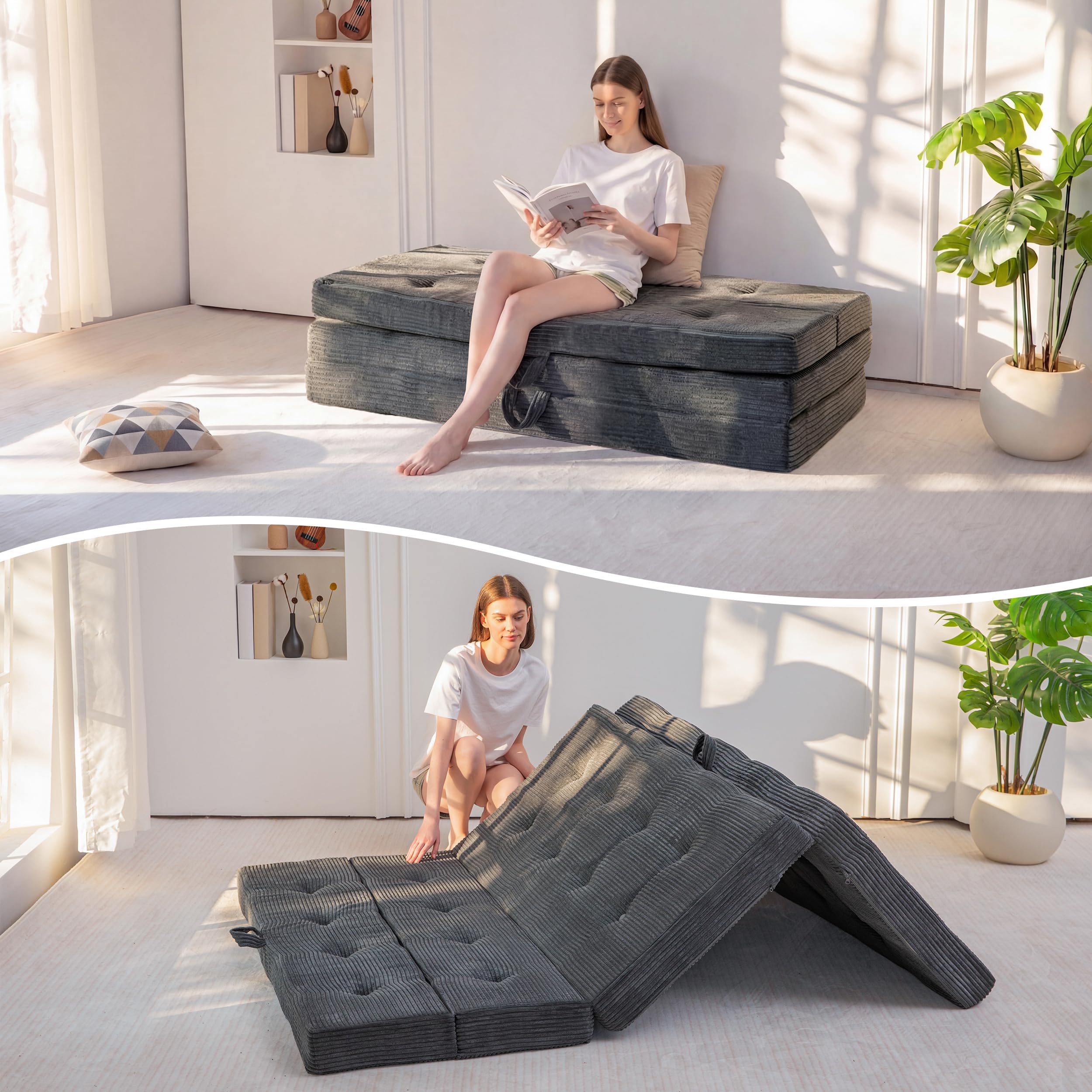 MAXYOYO Folding Mattress Double, Comfy Foldable Sofa Couch Bed, Guest Mattress with Handles Floor Futon Sofa Bed for Guest, Foldable Topper for Camping