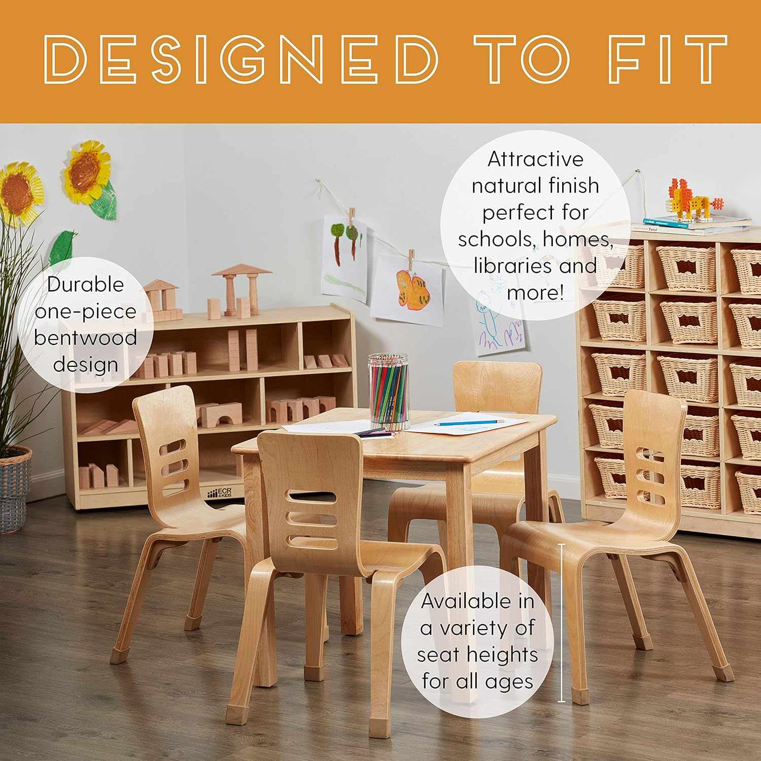 ECR4Kids 14" Bentwood School Stacking Chair for Students, Natural (2-Pack) : Office Products