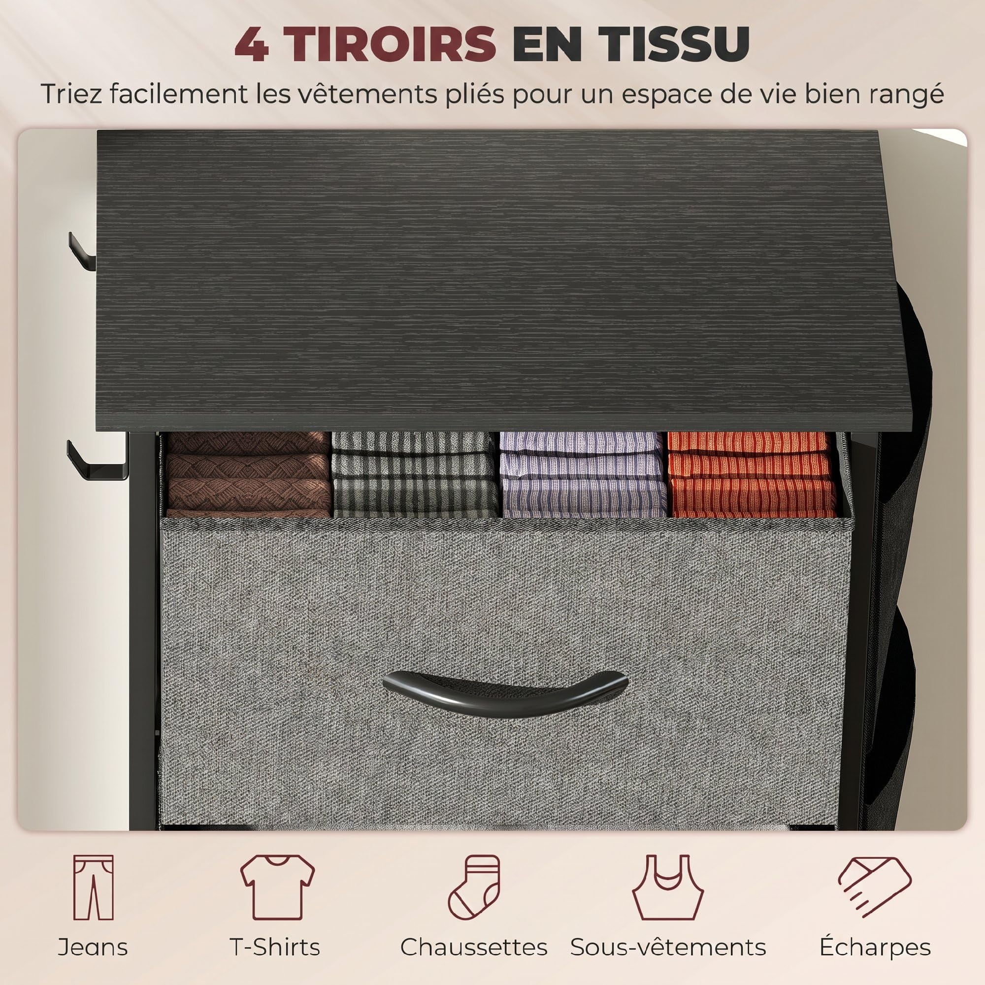 HOMCOM Commode 4 Tiroirs en Tissu 4 Poches 2 Crochets Gris