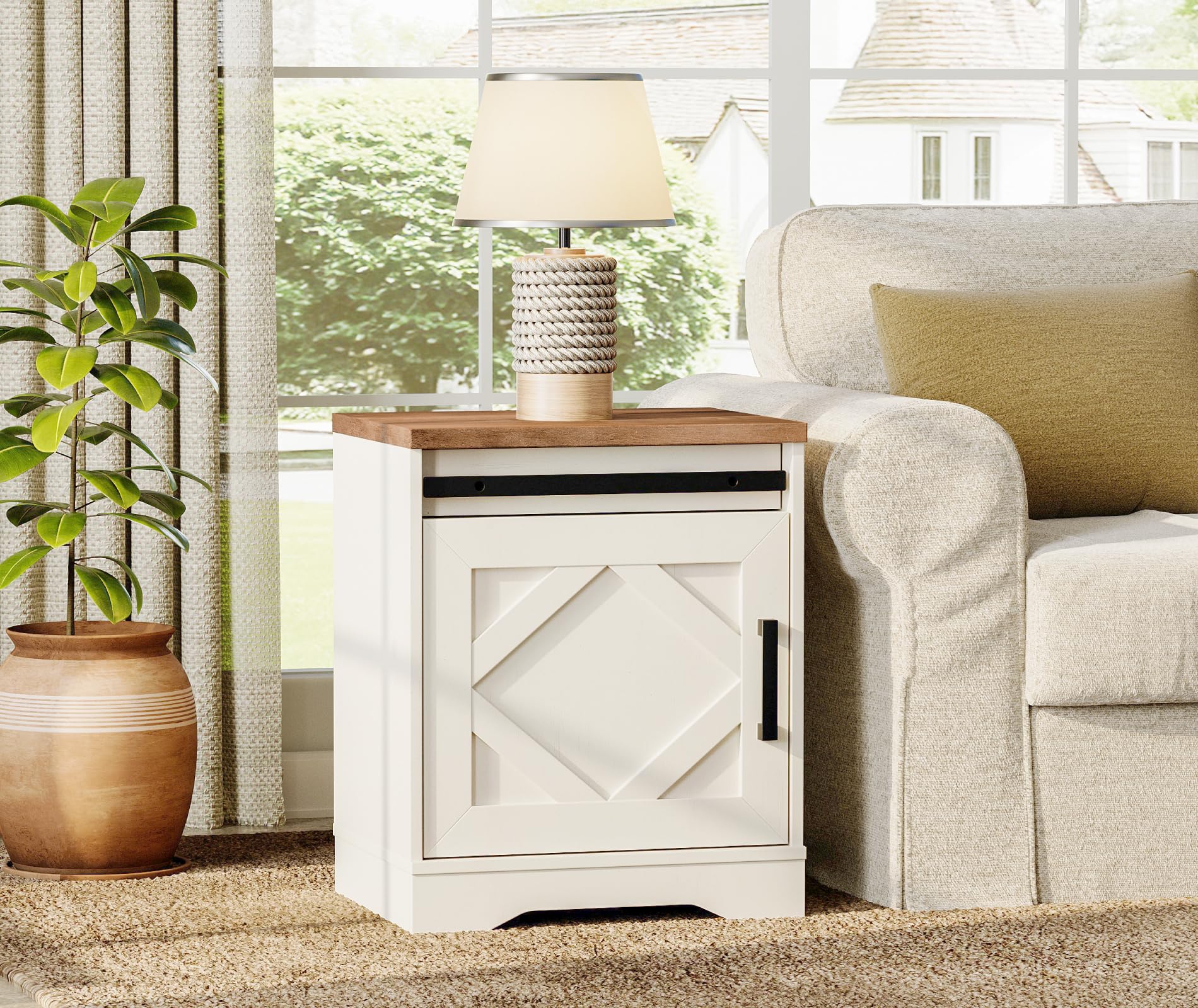 WAMPAT End Table, Pedestal Side Table with Drawer and Cabinet Wood Bedside Table Nightstands for Living Room Bedroom,Cream White