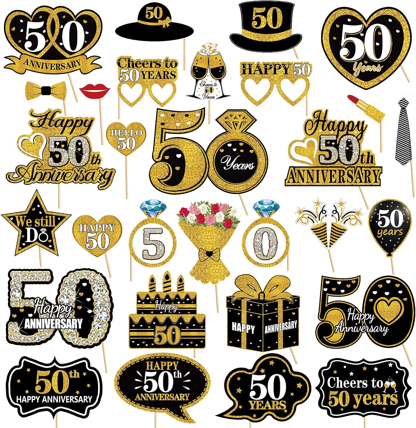 Kuxriox Happy 50th Anniversary Decorations, Photo Booth Props 30Pcs | Black Gold Happy 50th Wedding Anniversary Party Supplies, Cheers to 50 Years We Still Do Sign