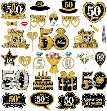 Kuxriox 30Pcs Photo Booth Props, Black & Gold 50th Anniversary Decorations, Happy 50th Wedding Anniversary Party Supplies, Cheers to 50 Years We Still Do Sign