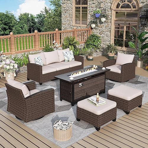 Patio Furniture Set, 6 Pcs Wicker Outdoor Conversation Set, 2 x Swivel Glider Chairs, 1 x 3 Seater Sofa and 2 x Ottoman with 4" Thick Cushion and 56" Fire Pit Table, Beige