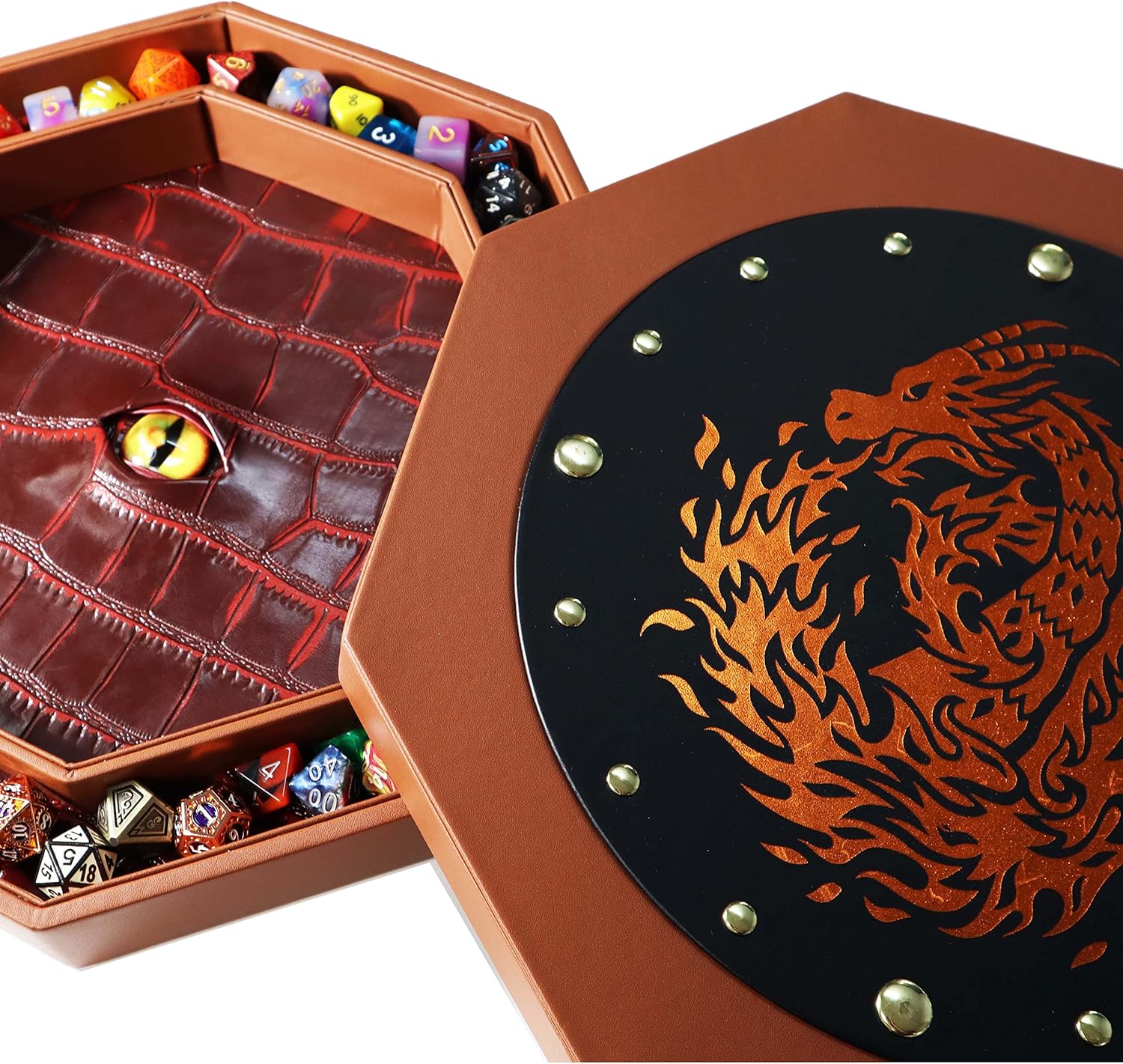 Fantasydice 12" Fire Dragon Eye Dice Tray with Lid – Extra-Large Octagon with Dice Staging Area, Holds 7 Full Dice Sets – Ideal for Tabletop RPGs and Board Games