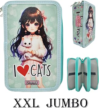 Limmy XL Jumbo Model Cat Girl Pencil Case Organizer Pencil Case 3 Compartment Pen Holder Green