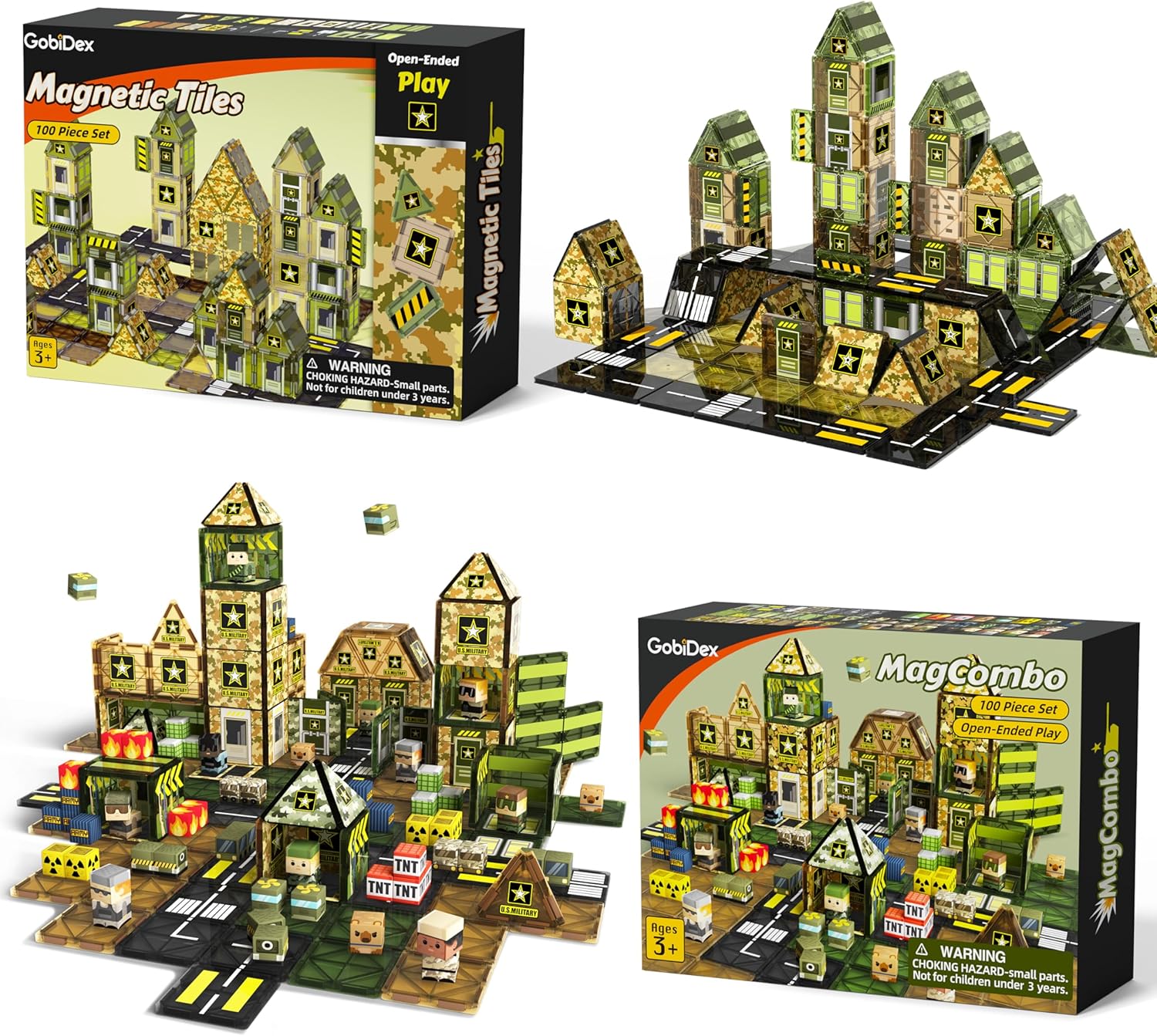 GobiDex 2-in-1 160PCS Magnetic Tiles & 40PCS Magnetic Blocks Army Toys for Boys, Military Magnet STEM Construction Toys for Kids Ages 3 4 5 6 7 8 9 Years Old, Birthday Gifts for Boys Girls