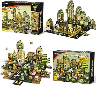 GobiDex 2-in-1 160PCS Magnetic Tiles & 40PCS Magnetic Blocks Army Toys for Boys, Military Magnet STEM Construction Toys for Kids Ages 3 4 5 6 7 8 9 Years Old, Birthday Gifts for Boys Girls