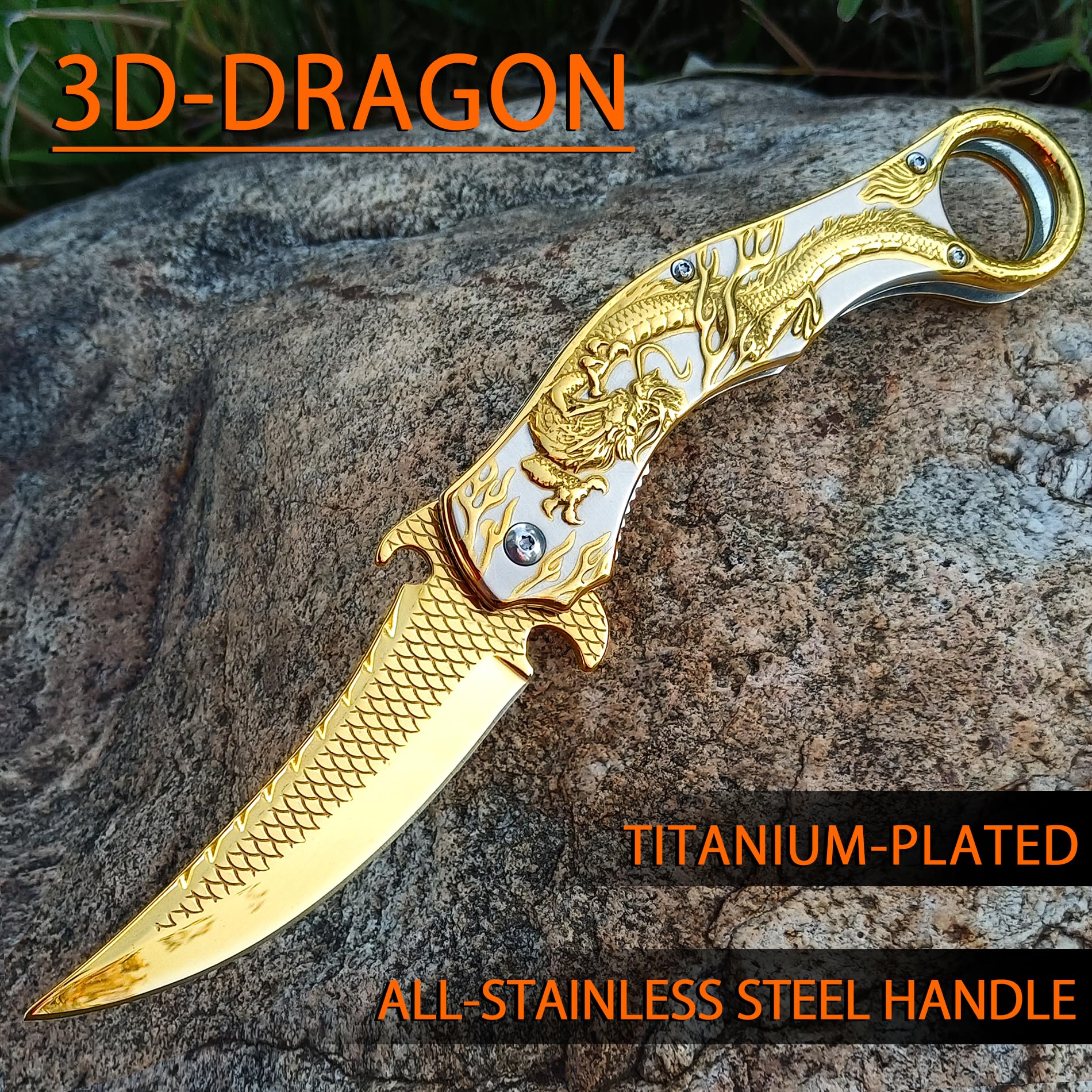 MADSMAUG Pocket Knife, 9Cr18Mo BLADE Pocket Folding Knife With Sheath, Cool 3D Dragon EDC knife, Great Gift Pocket Knife For Men Outdoor Survival Camping (Gold)
