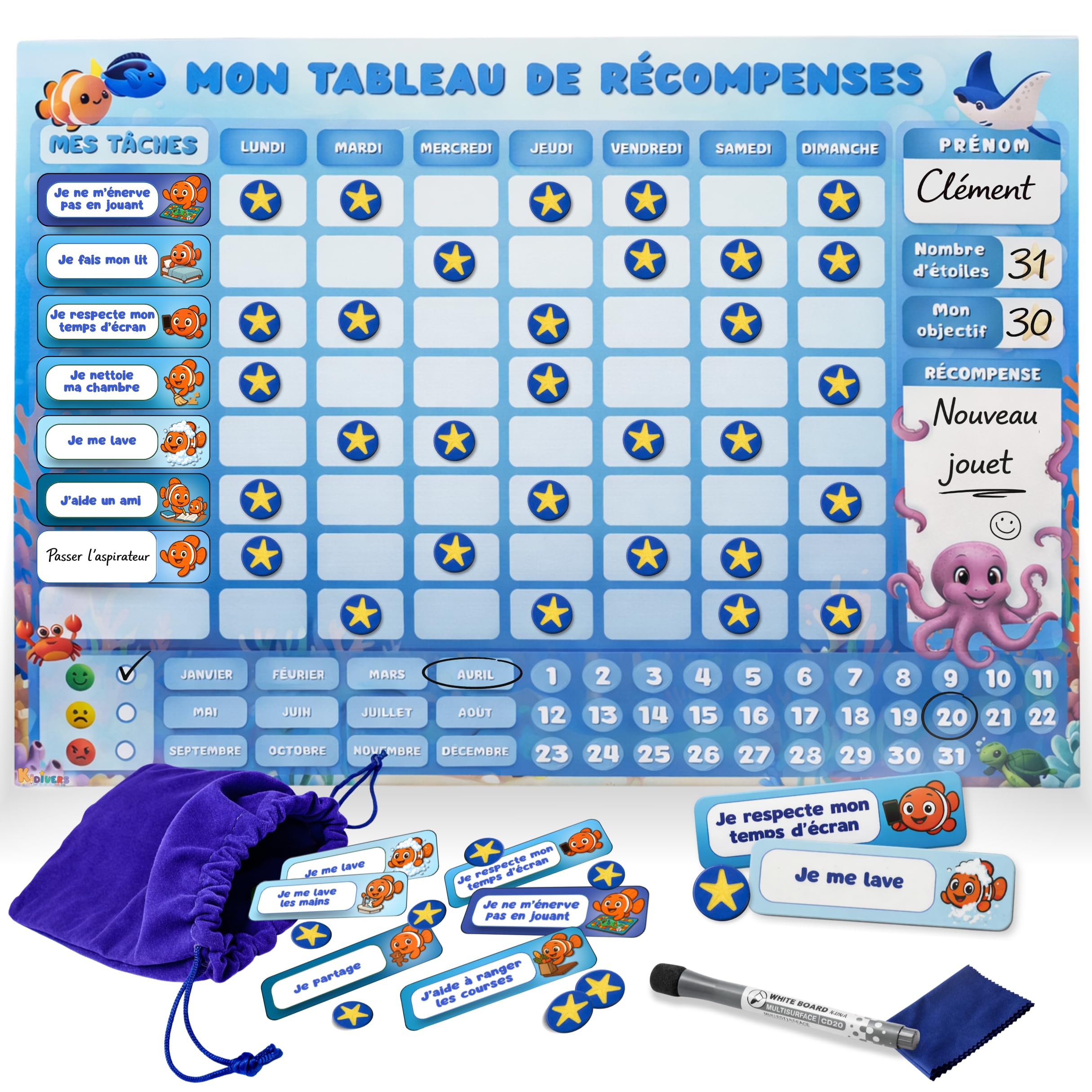 Tableau de récompense Enfant avec Humeur & Date – Tableau magnétique comportement & tâches Quotidiennes | Planning Enfant, Routine & Bon Point | autonomie (Océan)