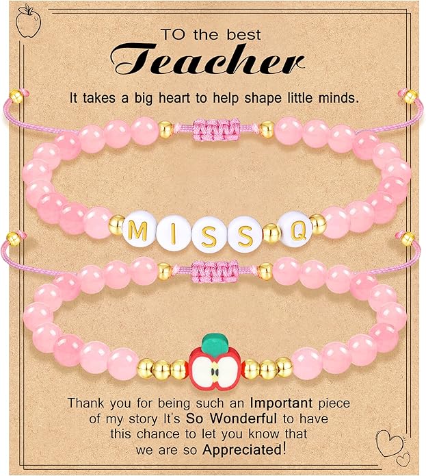 Teacher Appreciation Bracelet Gifts for Women Initial Beaded Bracelets Back to School Thank You Teacher Gifts 2pcs Link Bracelet New Teacher Graduation Gift Birthday Retirement Teachers' Day Jewelry