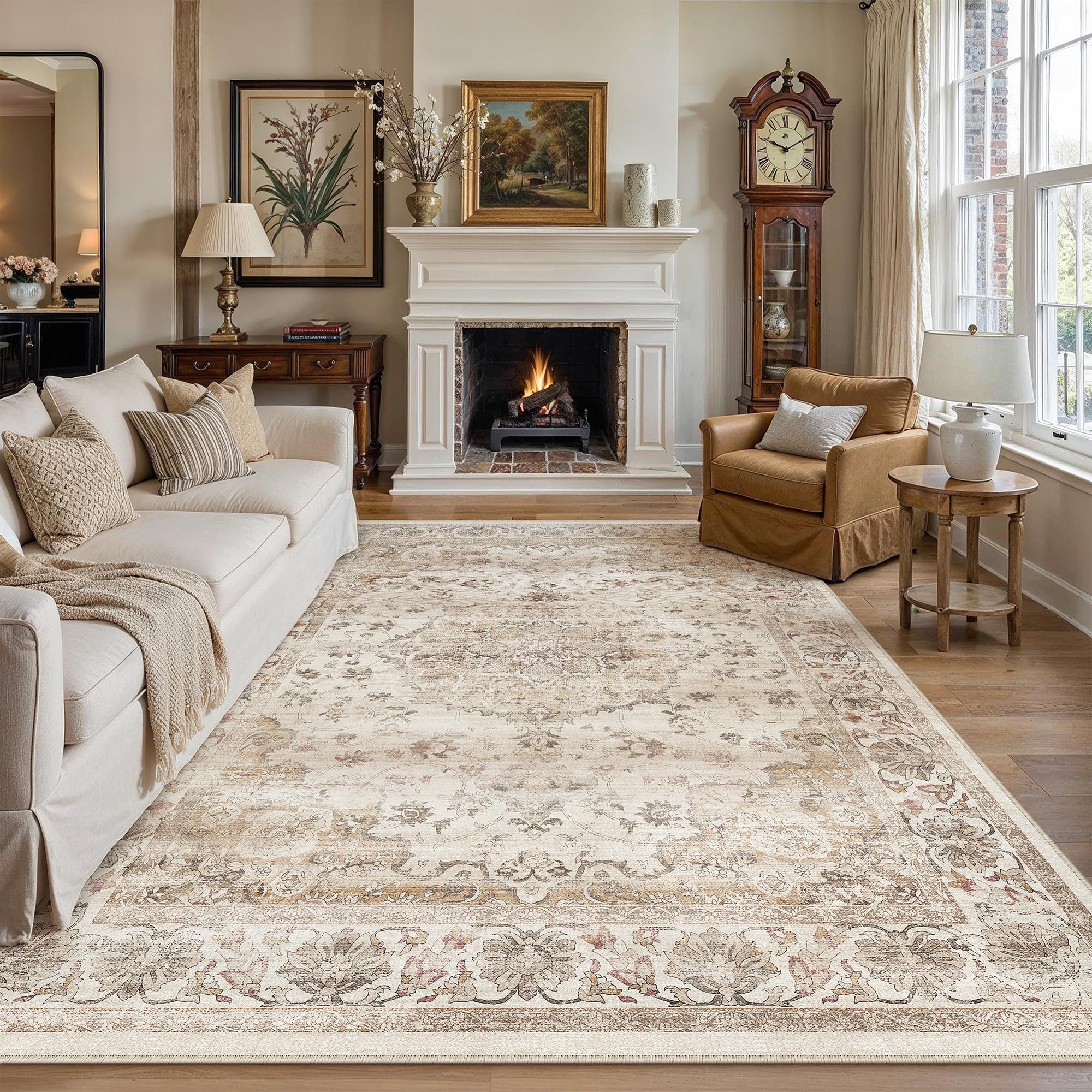 PureCozy Beige Living Room Area Rug, 240x300cm Machine Washable Non Slip Vintage Traditional Extra Large Cream Rugs for Bedroom Dining Room Office, Stain Resistant Printed Carpet for Indoor Home Decor — image 1