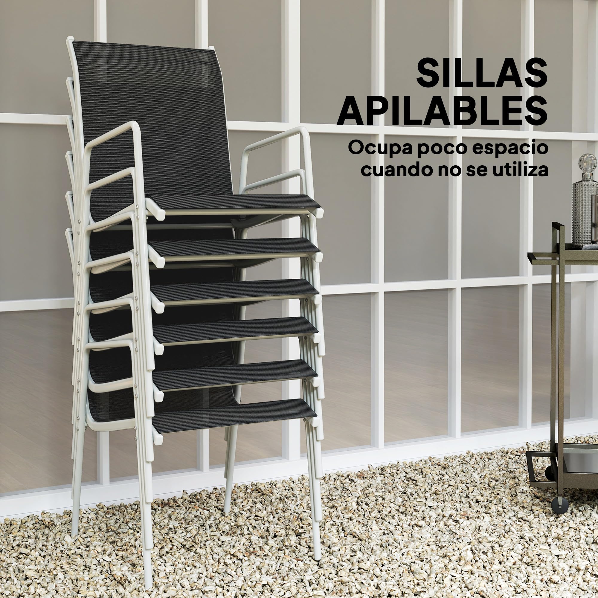 Outsunny Conjunto de Comedor de Exterior Juego de Comedor de Jardín de 7 Piezas con 1 Mesa 6 Sillas Apilables y Marco de Acero para Terraza Patio Negro