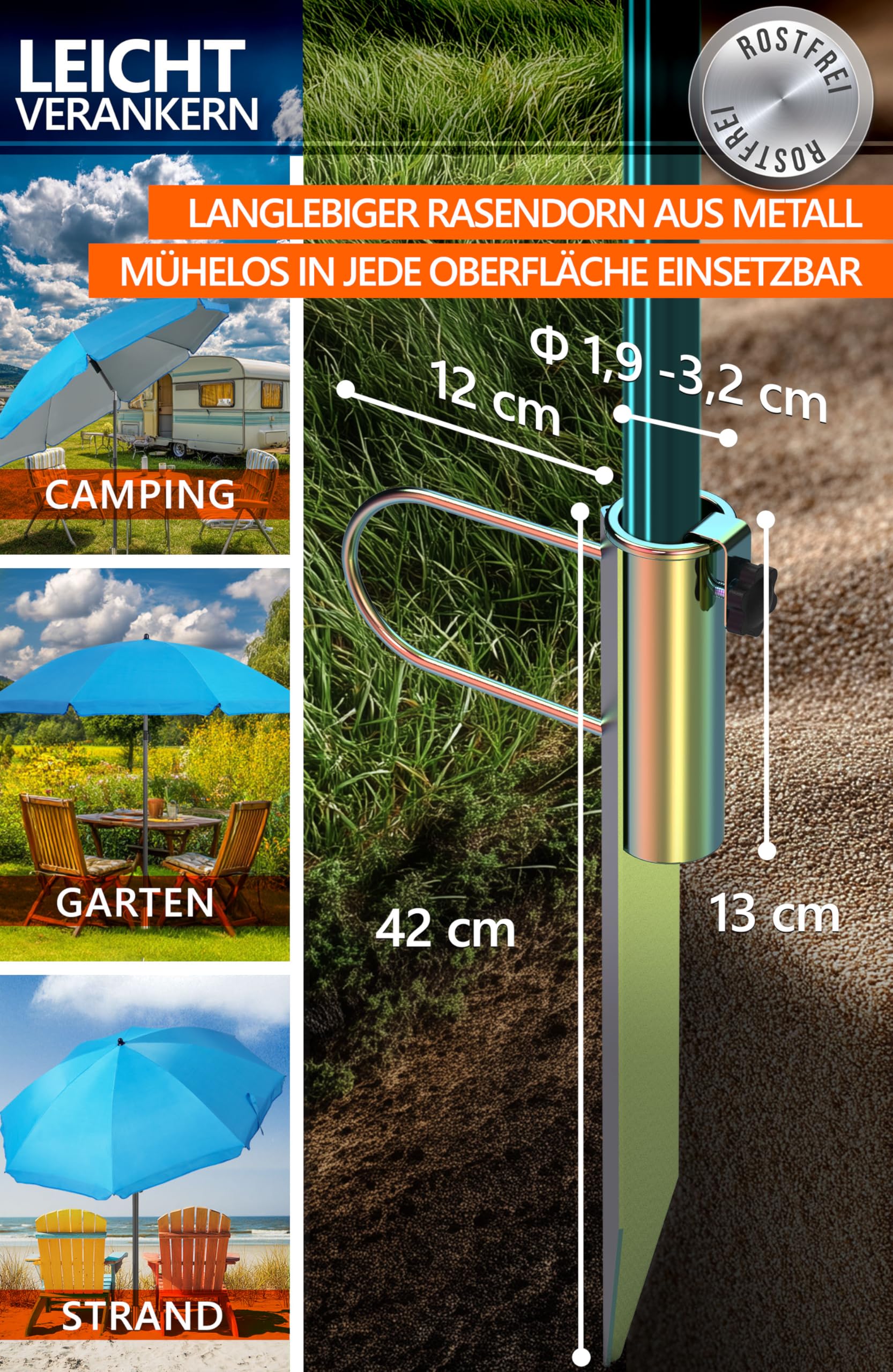 4smile Sonnenschirm Strand Ø 180 cm, 3er Set – Strandschirm windfest stabil + Schirmhülle + Rasendorn Sonnenschirmhalter, UPF 50+ Sonnenschirm mit Rasendorn für Garten, Schirmspieß, Fb. Blau