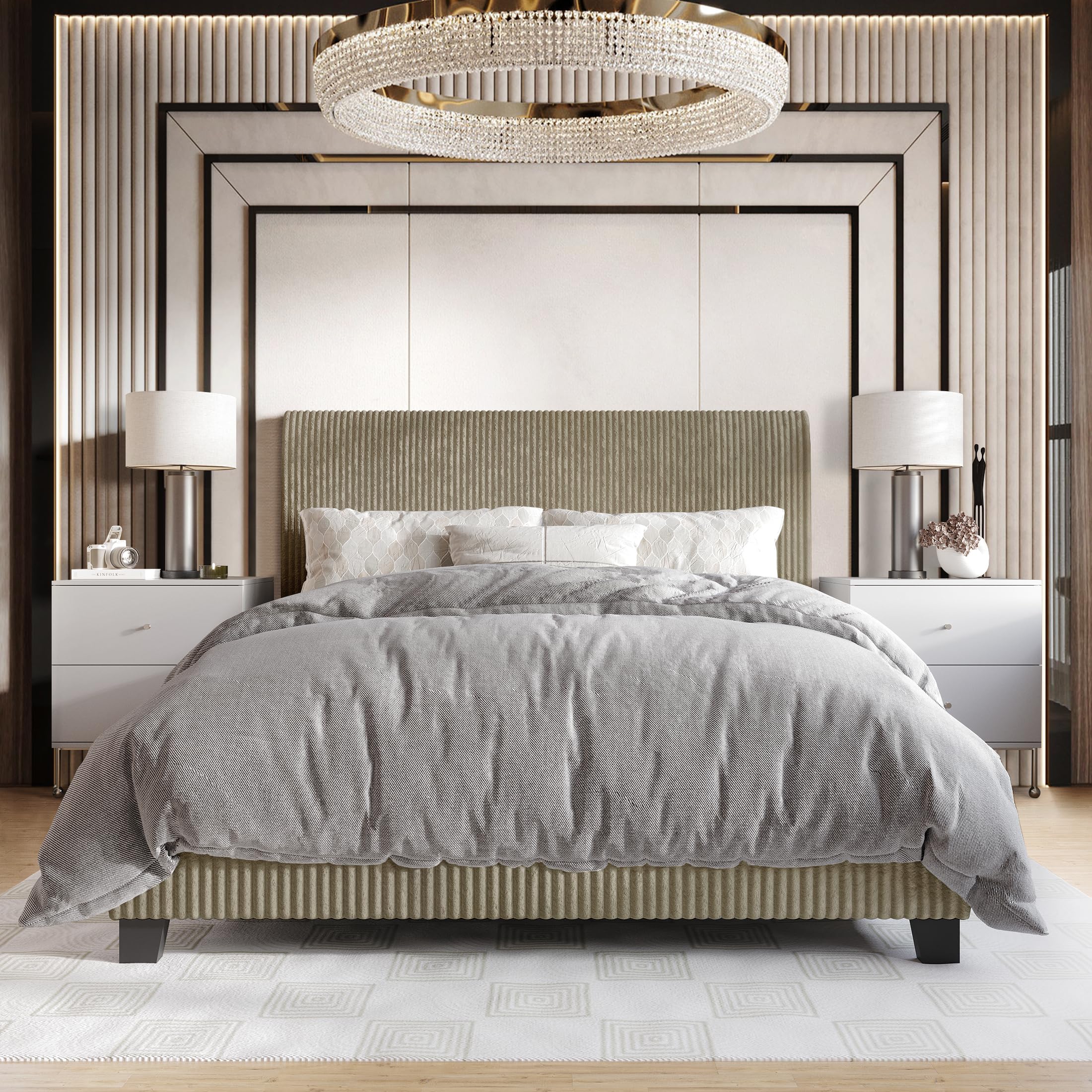 Full Corduroy Velvet Upholstered Bed, Gold