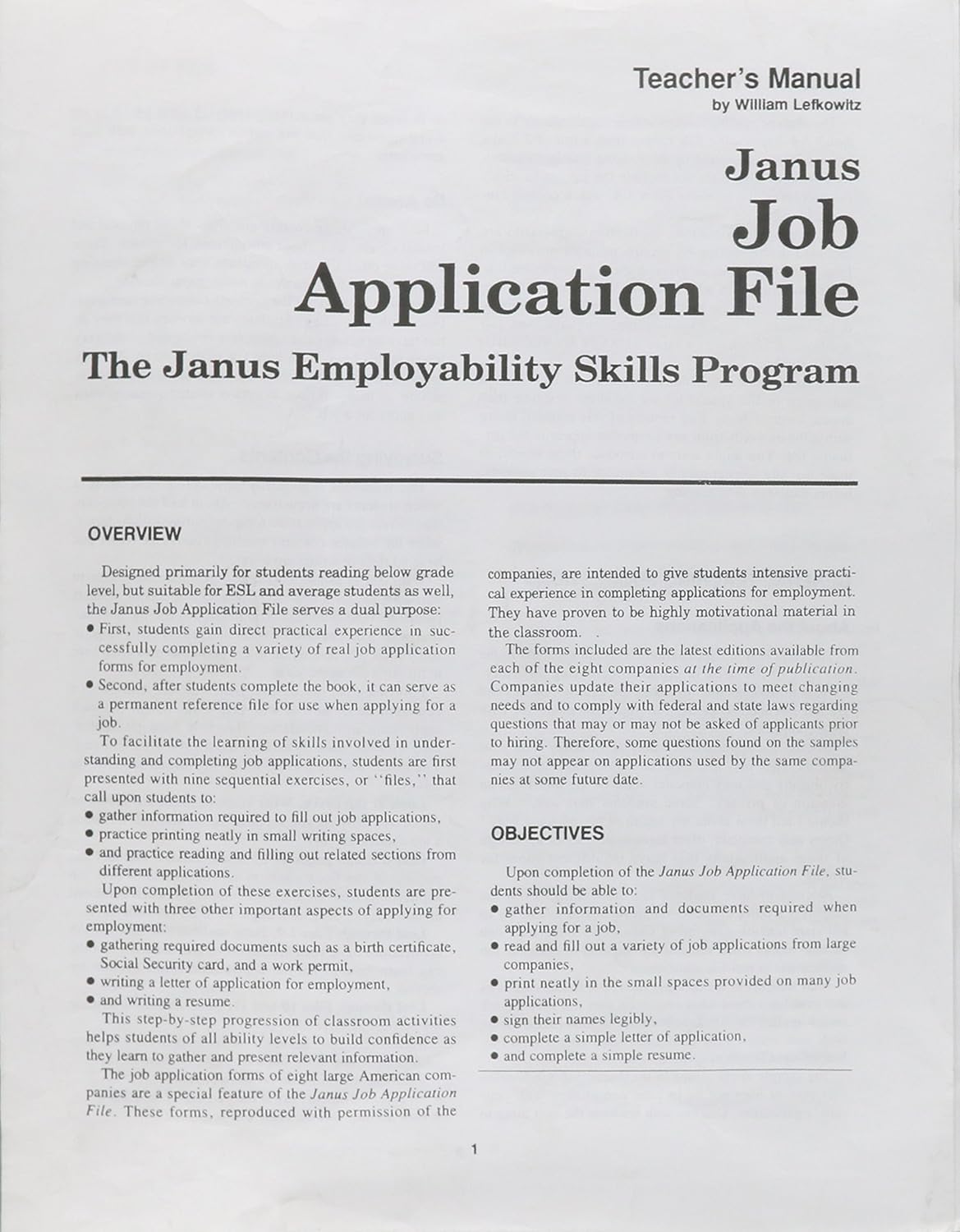 The Janus Employability Skills Program Job Application File Fearon