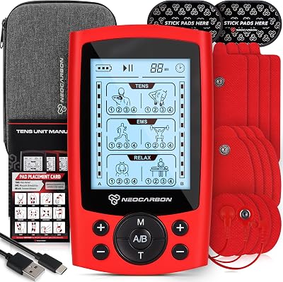 NEOCARBON TENS Unit Muscle Stimulator, Electronic PMS Pulse Massager Machine for Shock Physical Therapy, Back Pain Relief and Shoulder Recovery, Red