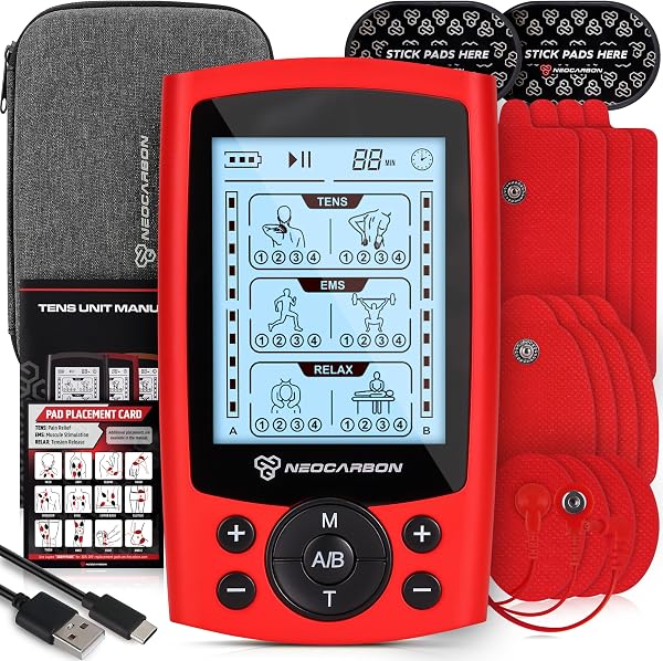 NEOCARBON TENS Unit Muscle Stimulator, Electronic PMS Pulse Massager Machine for Shock Physical Therapy, Back Pain Relief and Shoulder Recovery, Red