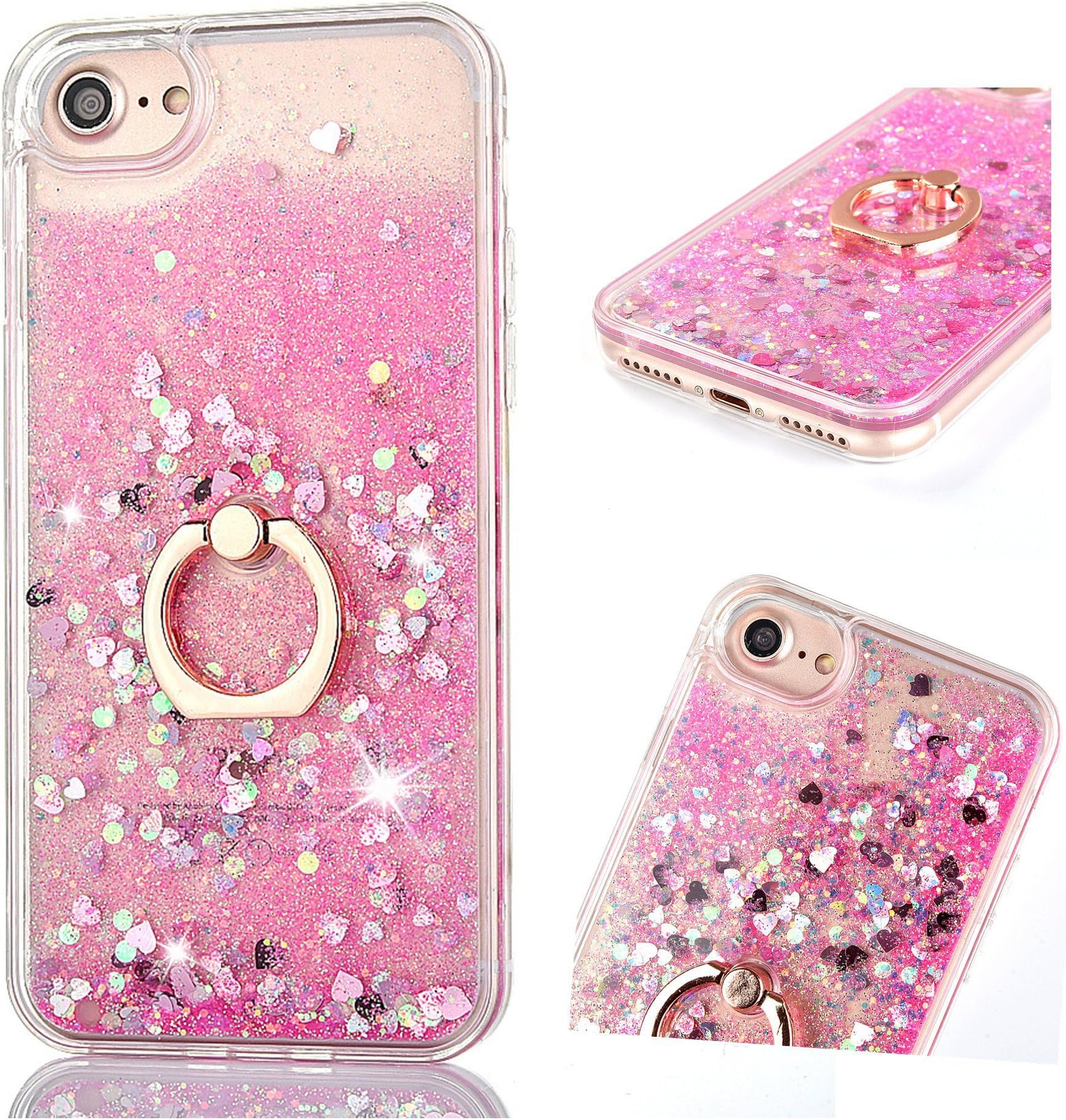 ZCRO Case for iPhone 8 / iPhone 7, Case Cover Bling Glitter Sparkle Liquid Case Transparent Clear Silicone Soft TPU Frame Bumper Cover Shell with Ring Holder Stand for iPhone 8 / iPhone 7(Pink)