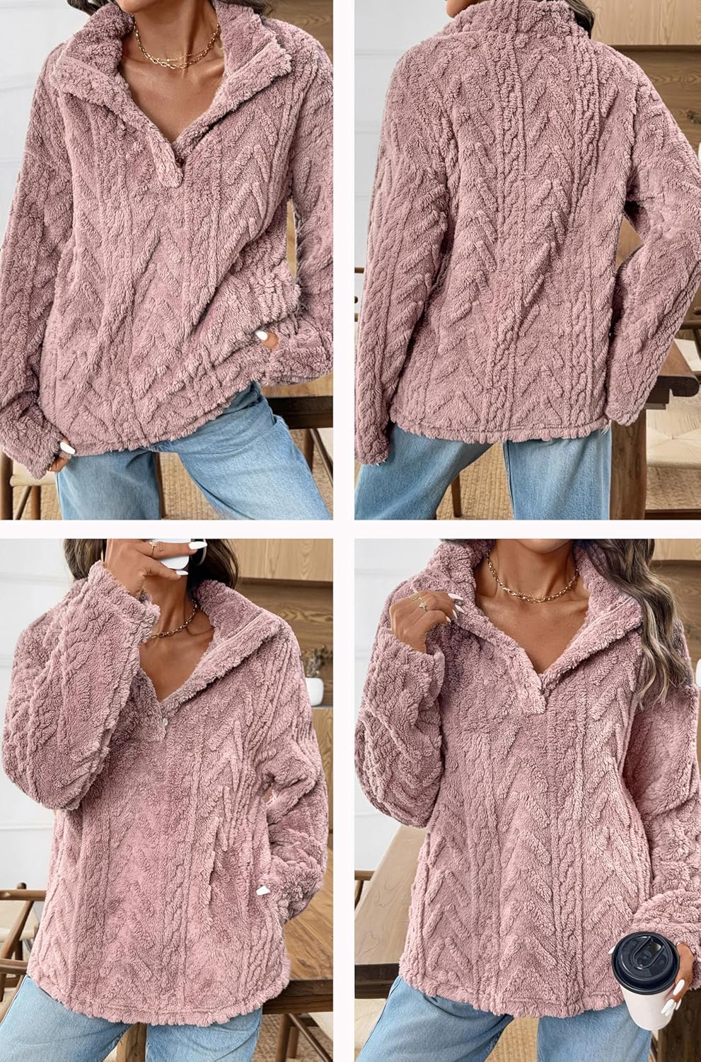 BLENCOT Womens Casual Button Down Collar Pullover Fleece Sweatshirt Long Sleeve Tops Warm Sherpa Coat Jacket Pockets - Image 4
