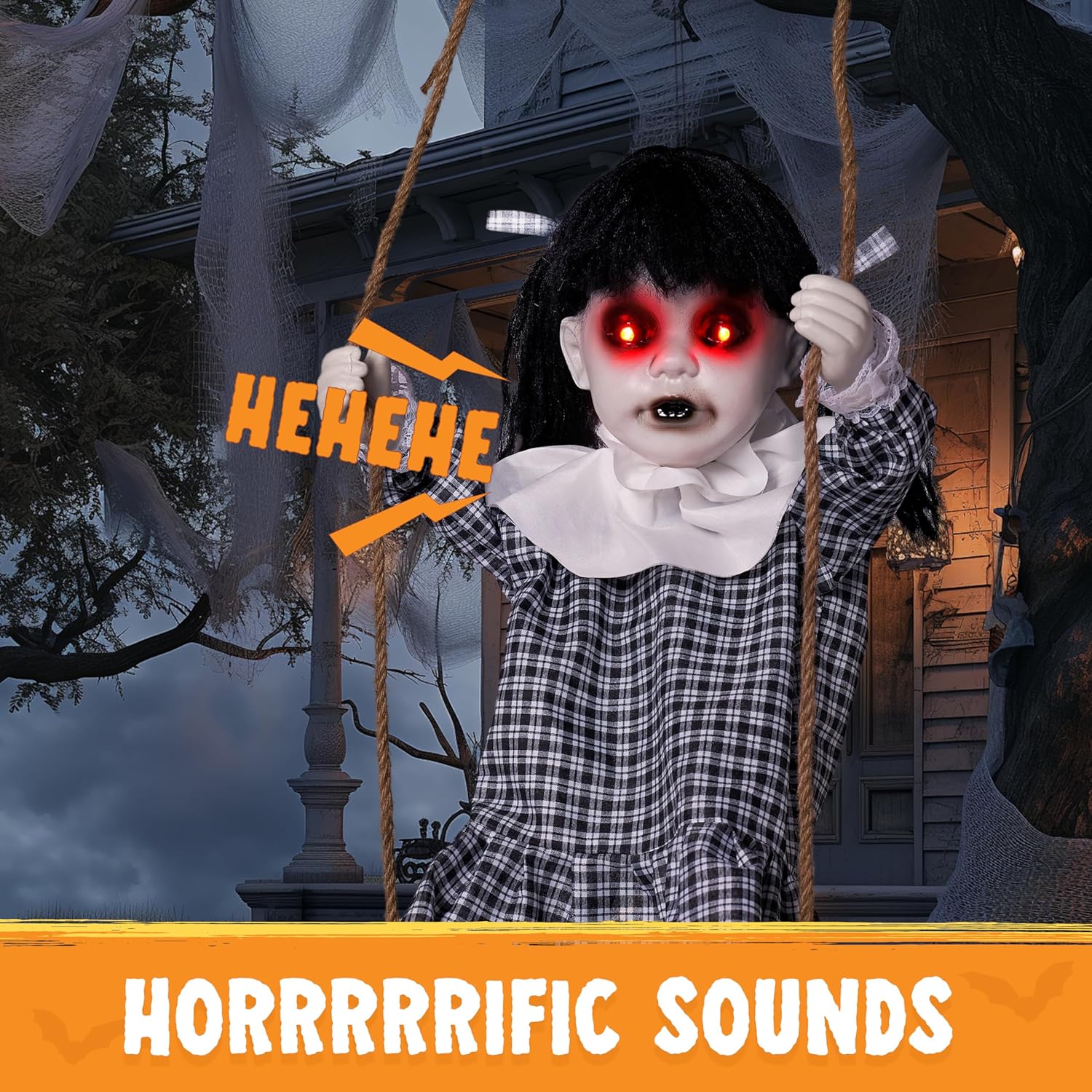 JOYIN Outdoor Halloween Hanging Scary Swing Girl Decorations, Outdoor Swinging Doll with Creepy Sound and Light Up Eyes Sound, Animated Hanging Decors Activated for Garden Yard Lawn